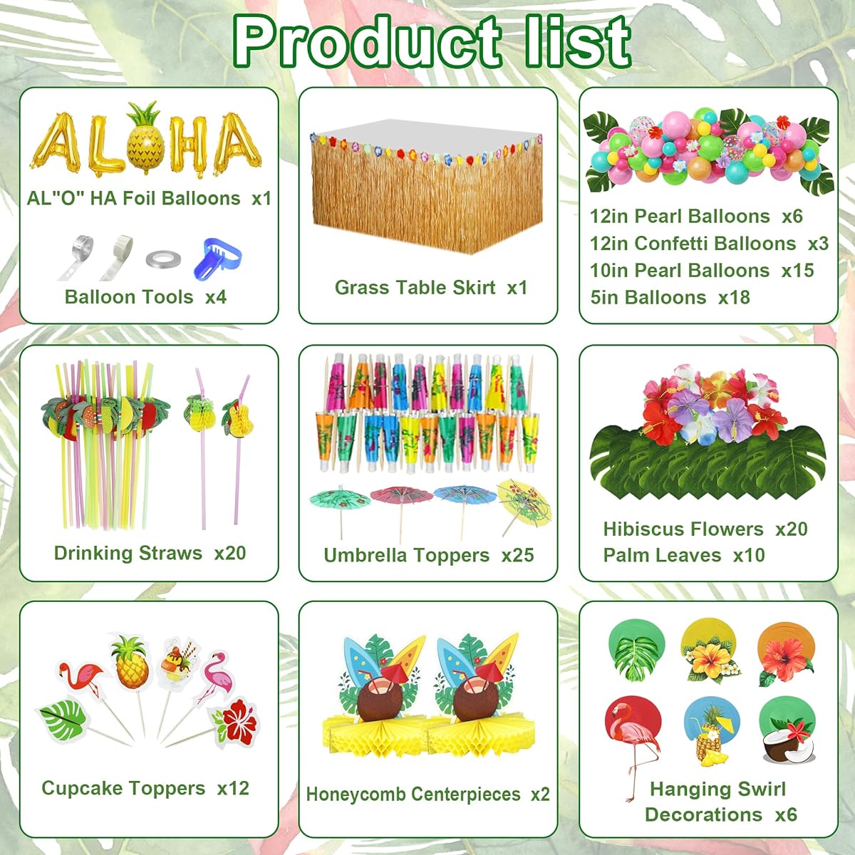 Hawaiian Aloha Luau Party Decorations 136pcs Tropical Summer Beach Birthday Supplies Grass Table Skirt Hanging Swirls Aloha Balloons Garland Honeycomb Centerpieces Hibiscus Palm Leaves Straws Cake Topper