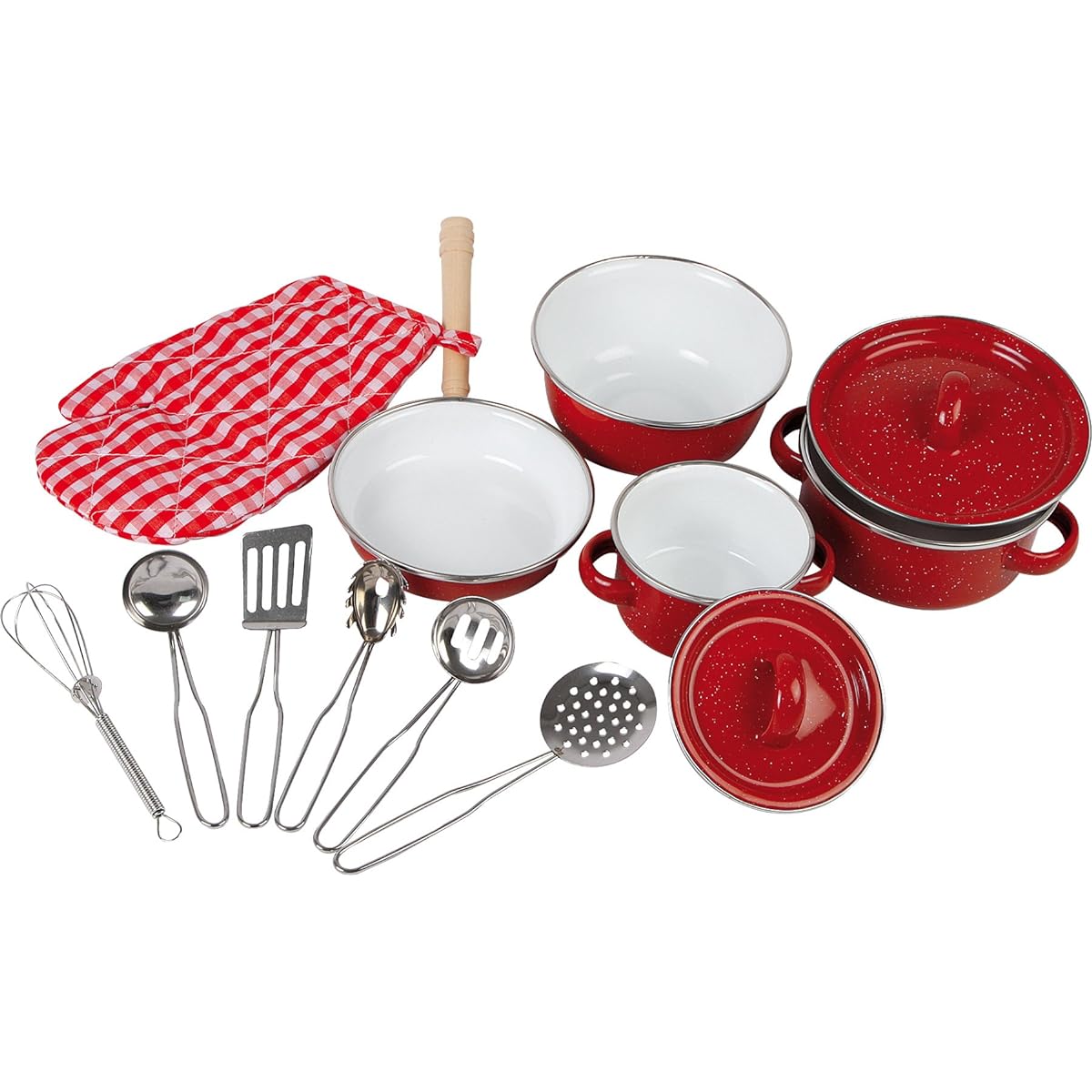 Red kitchenware 13-piece set with potholders