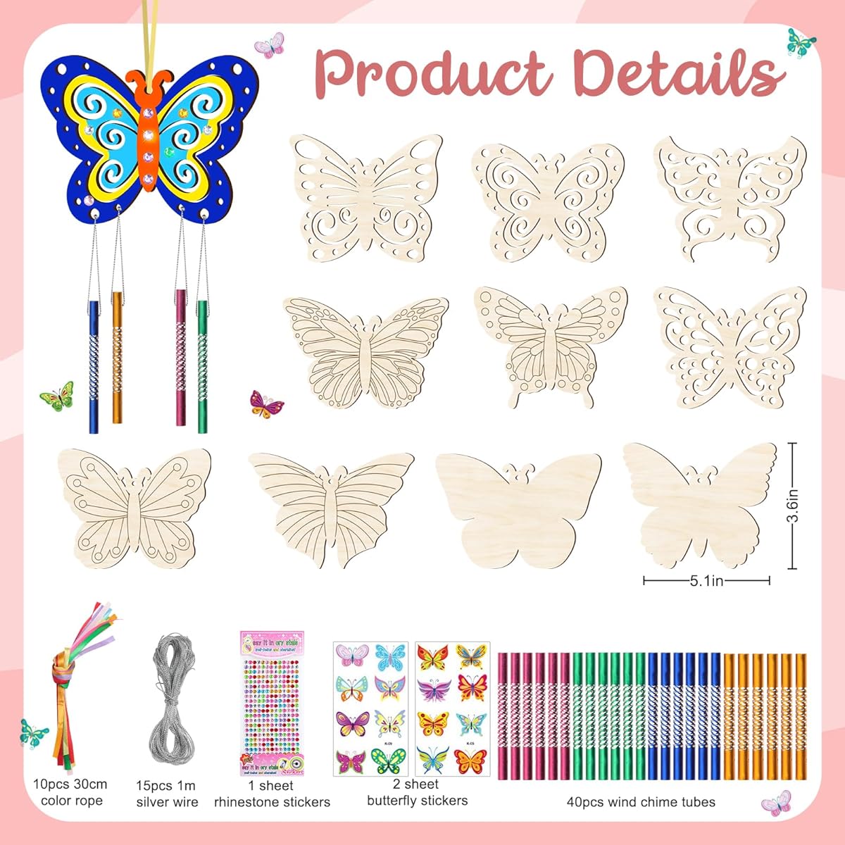 10 Pack Butterfly Wind Chime Kit for Kids - Make Your Own Butterfly Wind Chimes Wood Crafts DIY Wind Chimes Kit DIY Coloring Butterfly Ornaments for Girls and Boys