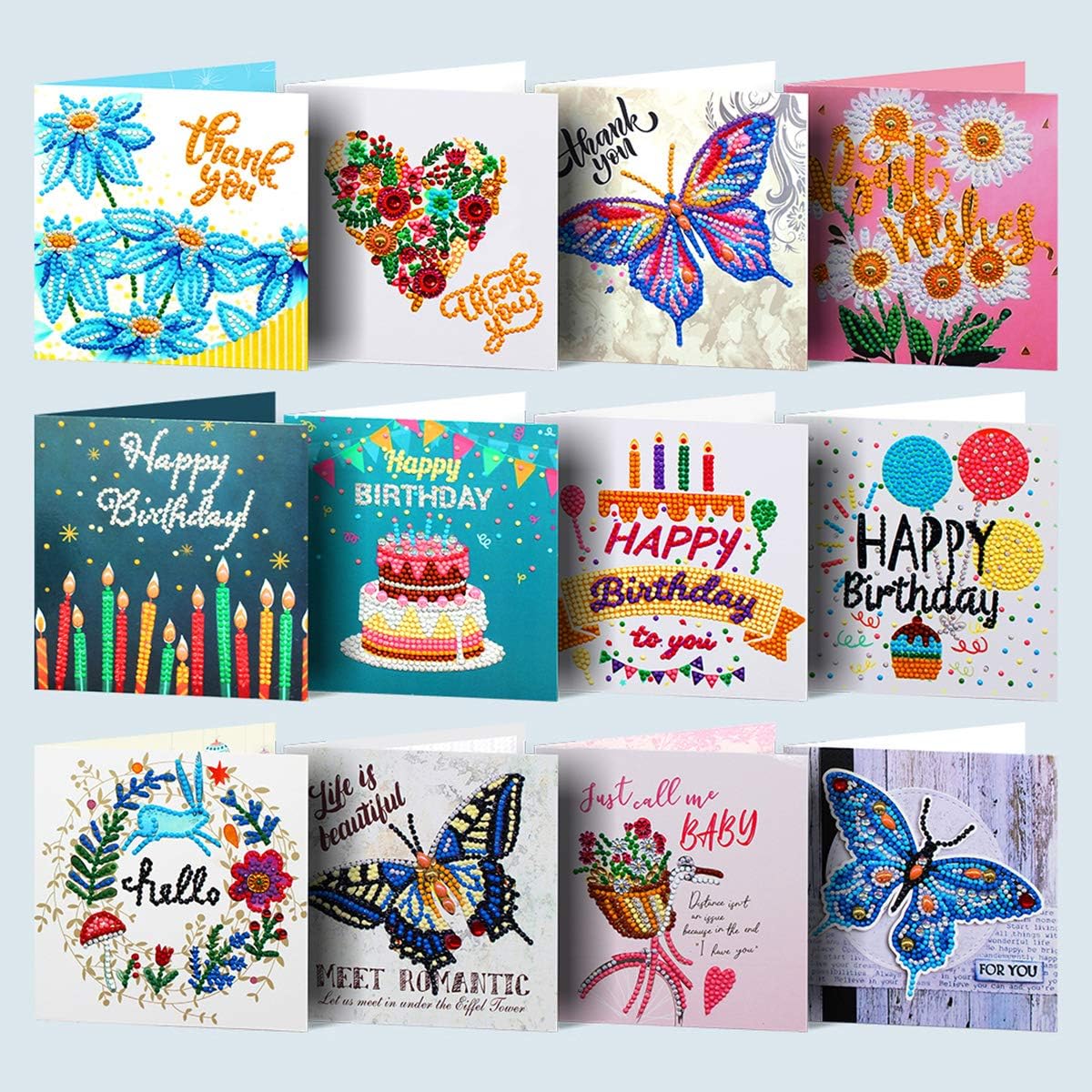 12 Pack 5D DIY Diamond Painting Greeting Cards Handmade Happy Birthday Thank You Cards Rhinestone Cards Thanksgiving Christmas