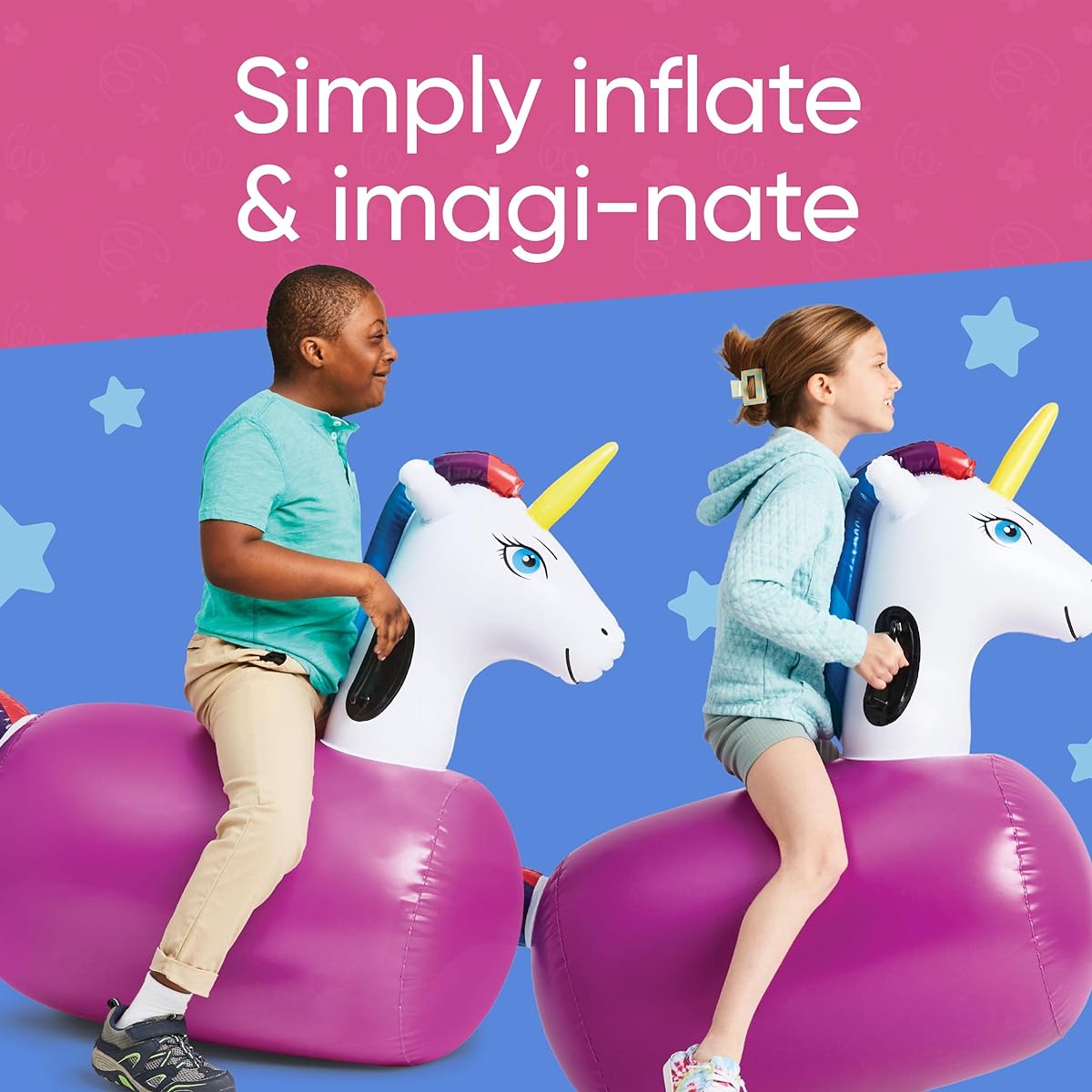 HearthSong Hop 'n Go Inflatable Bouncy Ride-Ons, Set of 2, 48"L x 20"W x 36"H, Set of 2, Outdoor Play, Ages 5+, Unicorn