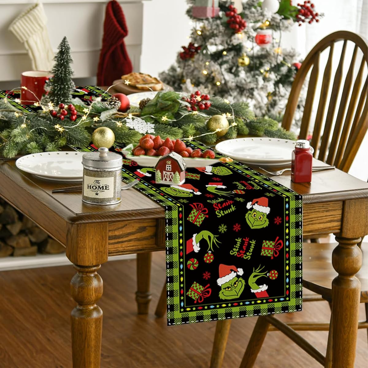 Grinch Table Runner Christmas Table Runner Grinchma Tablecloth New Year Winter Christmas Decoration for Home Party Table