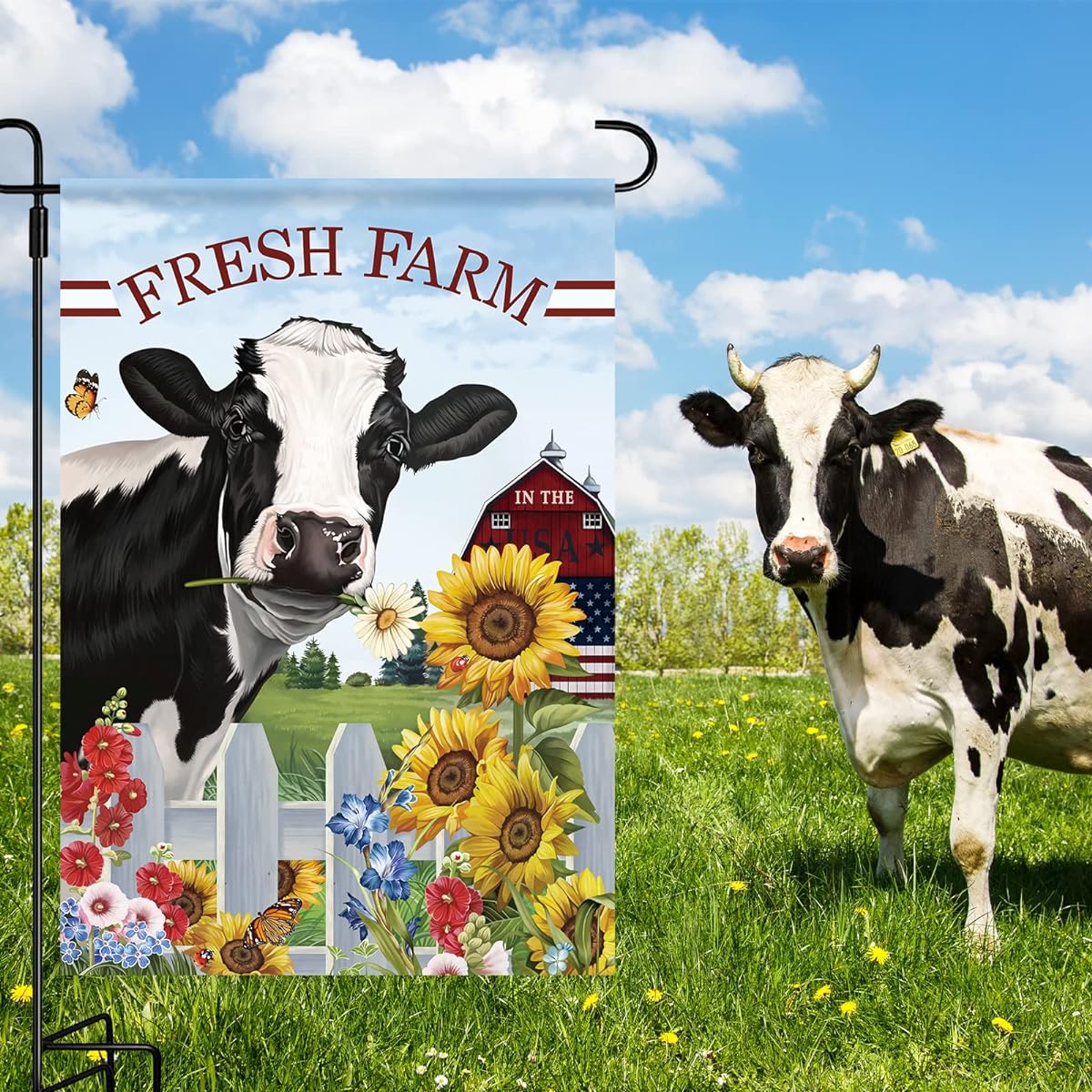 wondever Cow Sunflower Garden Flag 12x18 Double Sided Small Vertical Burlap Farm Animal Flower Garden Flag Farmhouse Style Garden Holiday Outdoor Flag Decor