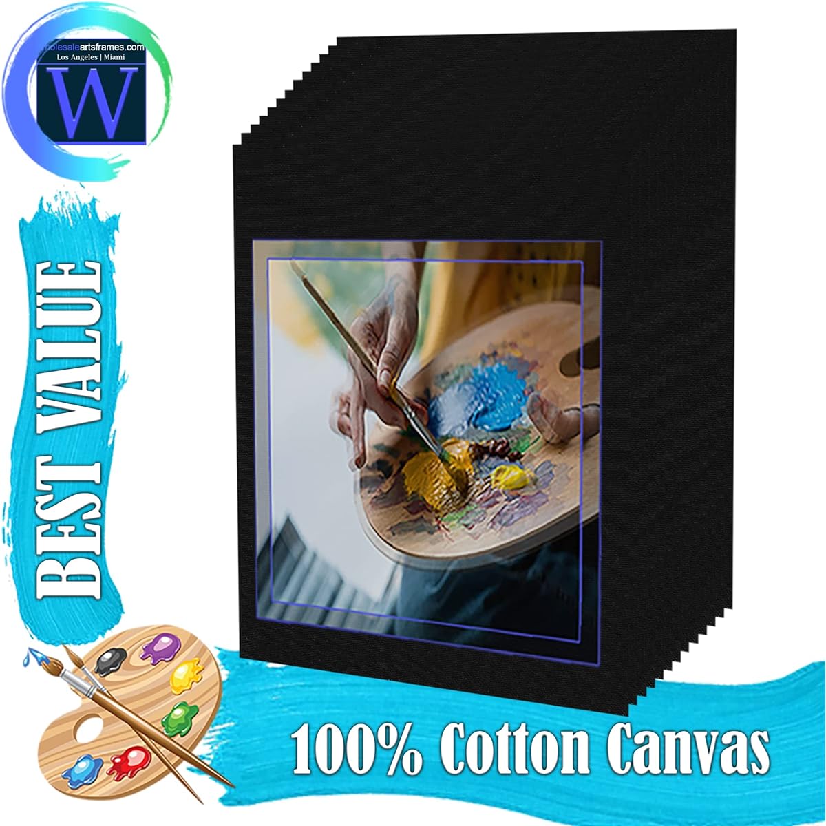 WholesaleArtsFrames-com Black Canvas Panels 11x14 Inch 12 Pack Professional Cotton Artist Quality Acid Free Primed Canvas Board for Acrylic, Oil, Wet or Dry Art Media for Crafts and Projects