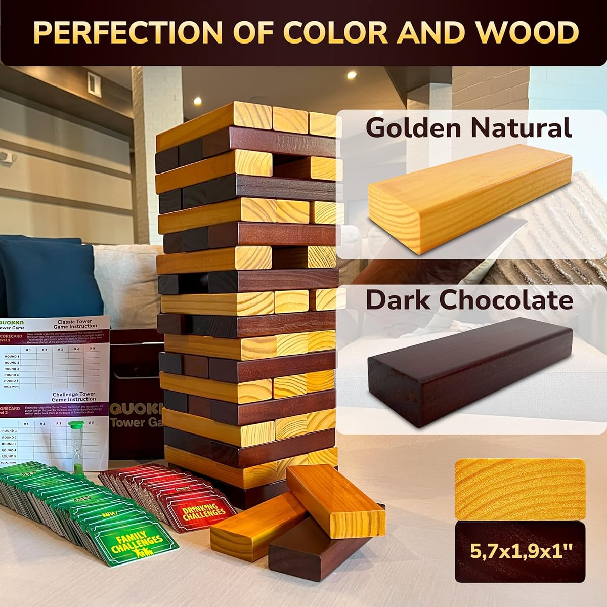 Jump Button Bull Tower Game - Block Stacking Game for Family - 4 Feet | 54 Blocks with Fun Challenge | Waterproof - Large Wooden Game for Garden