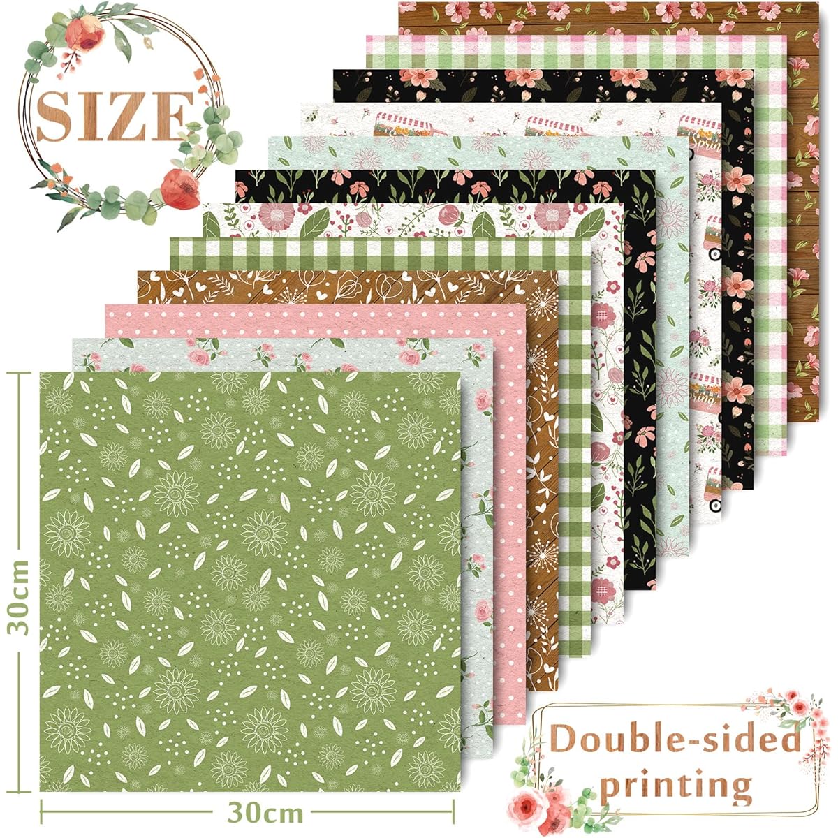 Whale 12 Designs Spring Pattern Paper Pack 24 Sheets Plaid Floral Scrapbook Specialty Paper Pink Double Sided Collection for Card Making Decorative Craft Paper Scrapbooking Photo Album Decoration 30 x 30cm