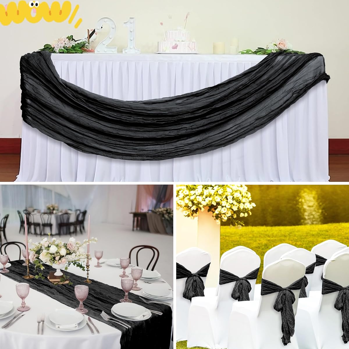 15 Pack Black Cheesecloth Table Runner 10Ft Gauze Cheese Cloth 35x120 Inch Boho Table Runner Romantic Table Runner Long Table Cover for Wedding Birthday Party Bridal Shower Reception Table Décor