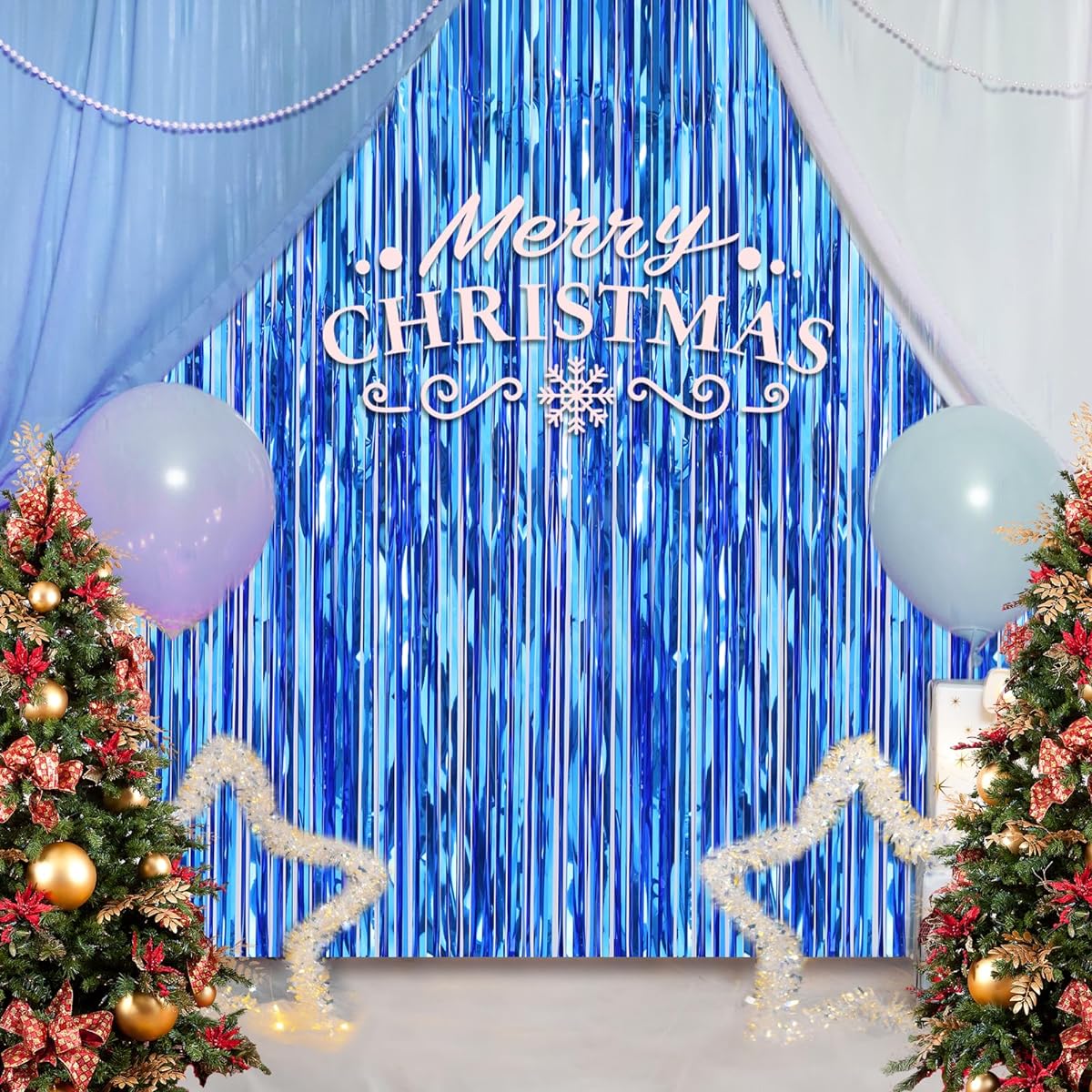 ACCEVO 3 Pack Dark Blue Party Streamers 3.2ft x 8.2ft Foil Fringe Curtains Metallic Photo Booth for Birthday Wedding Baby Shower Underwater Ocean Party Decorations Tinsel Curtain for Parties