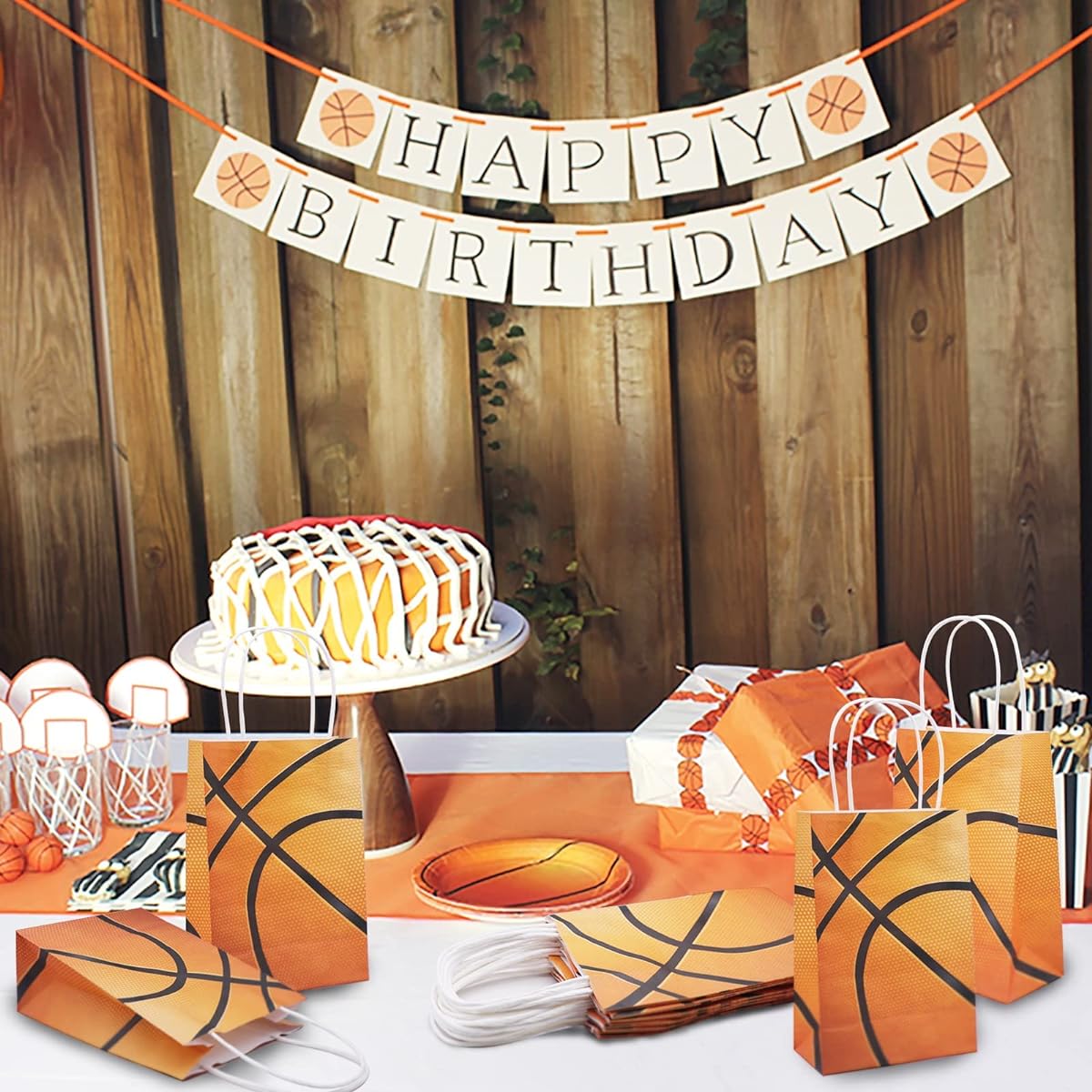 Basketball Party Gift Bags 24 Pack Party Favor Bags with Handles Decorations Candy Pattern Gifts Paper Bags Basketball Sports Theme Birthday Party Supplies for Baby Shower