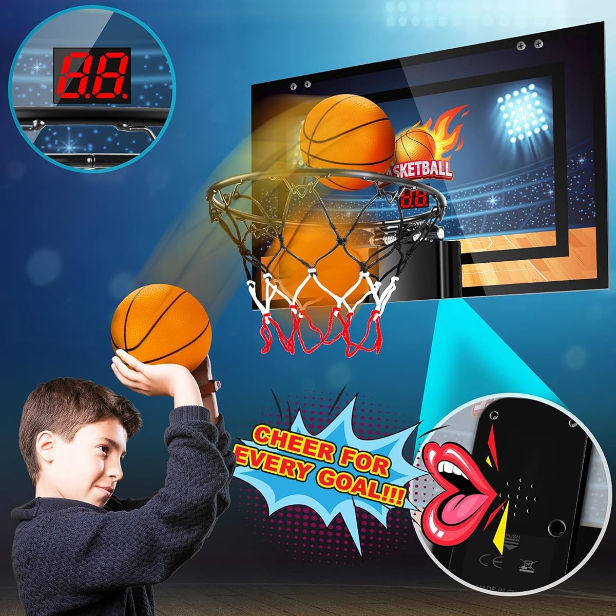 TREYWELL Indoor Basketball Hoop with Fun Backboard for Teens and Adults, Door Room Basketball Hoop, Mini Hoop with Electronic Scoreboard, 3 Balls and Battery, Basketball Toy for 8 9 10 11 12