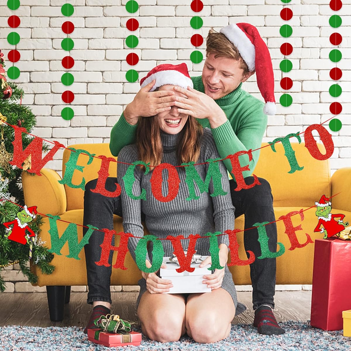 Welcome To Whoville Banner, Red and Green Glitter, Whoville Christmas July Decor, Grinch Christmas Decor, Mary Grinch Banner for Fireplace Mantle Home, Christmas Birthday Party Decor, Christmas Holiday Decorations