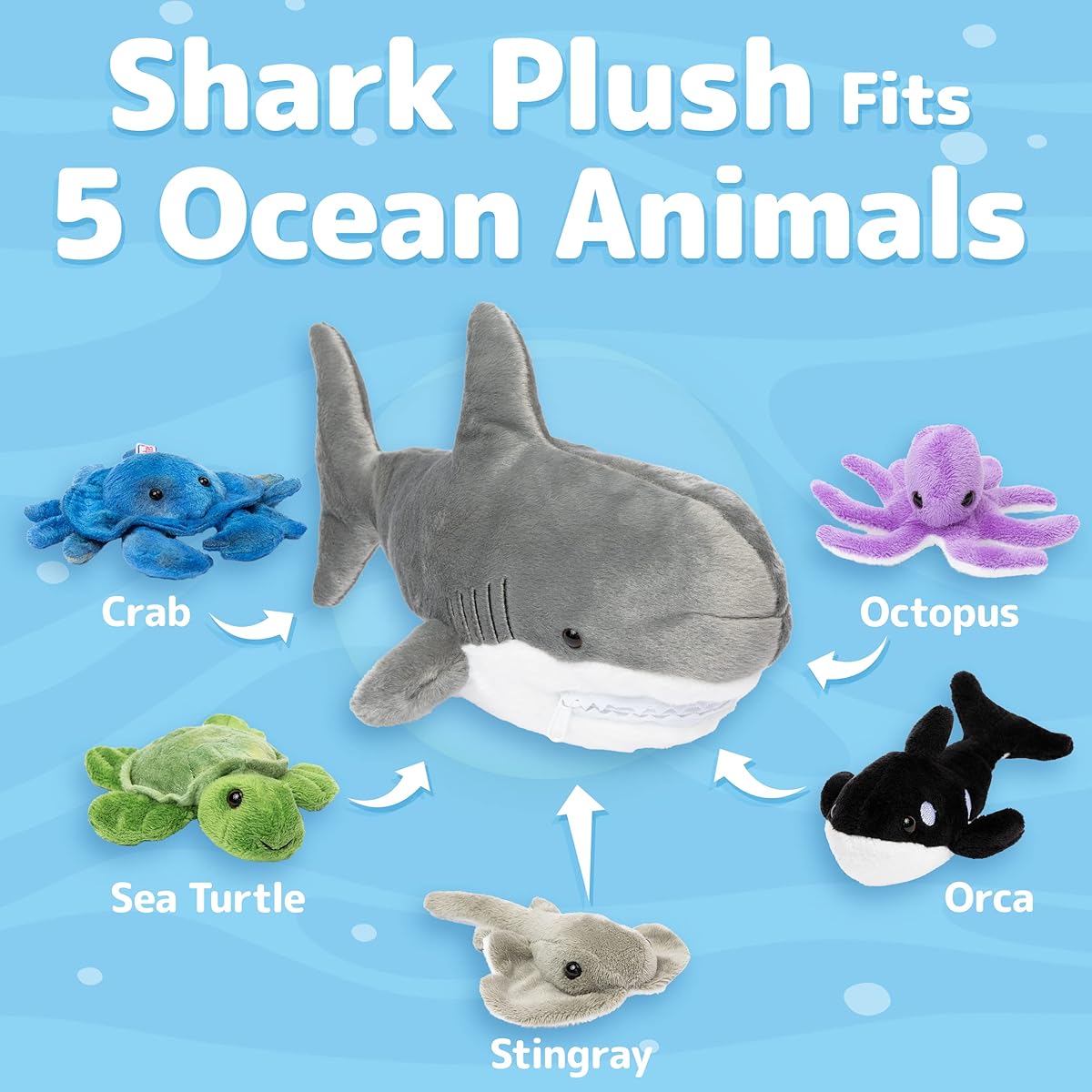 Prextex 15-Inch Plush Shark with 5 Piece Soft Stuffed Sea Animals Includes Stuffed Octopus, Crab, Turtle, Stingray, and Blue Whale