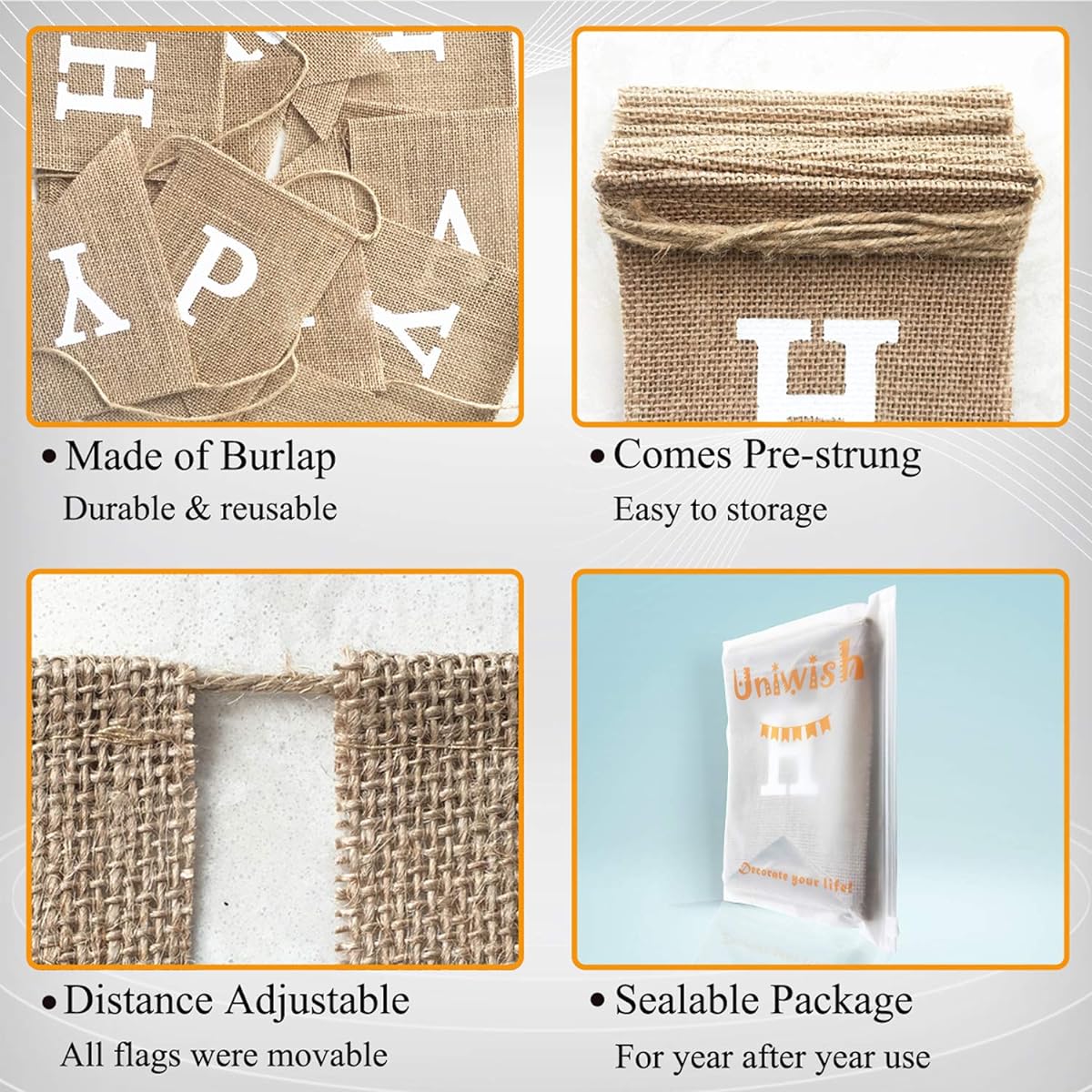 (White) - Uniwish Happy Birthday Banner Party Decorations, Rustic Burlap Bunting Swallowtail Flags, 2 in 1