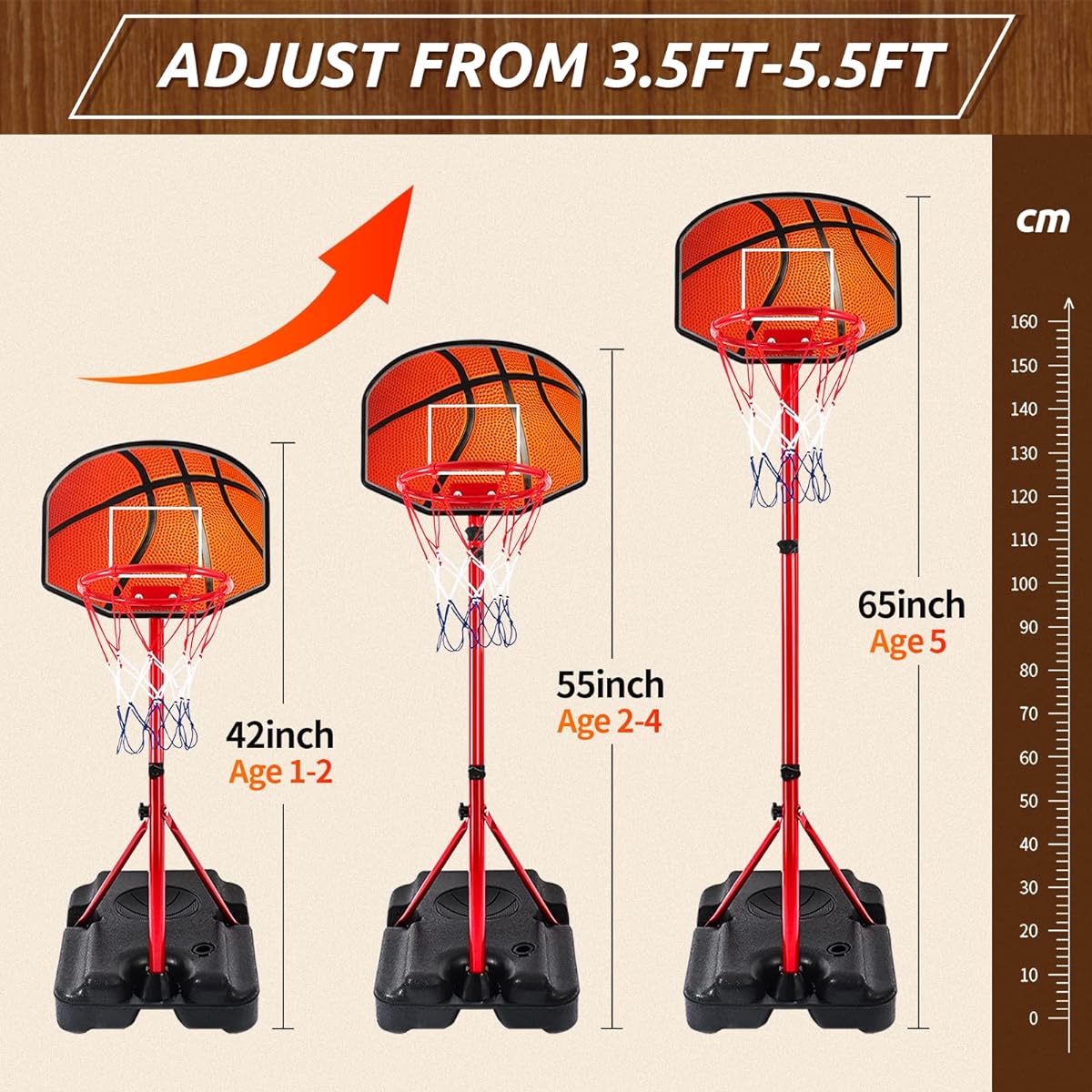 NC Kids Basketball Hoop for Ages 3, 4, 5, 6 with Adjustable Height Stand