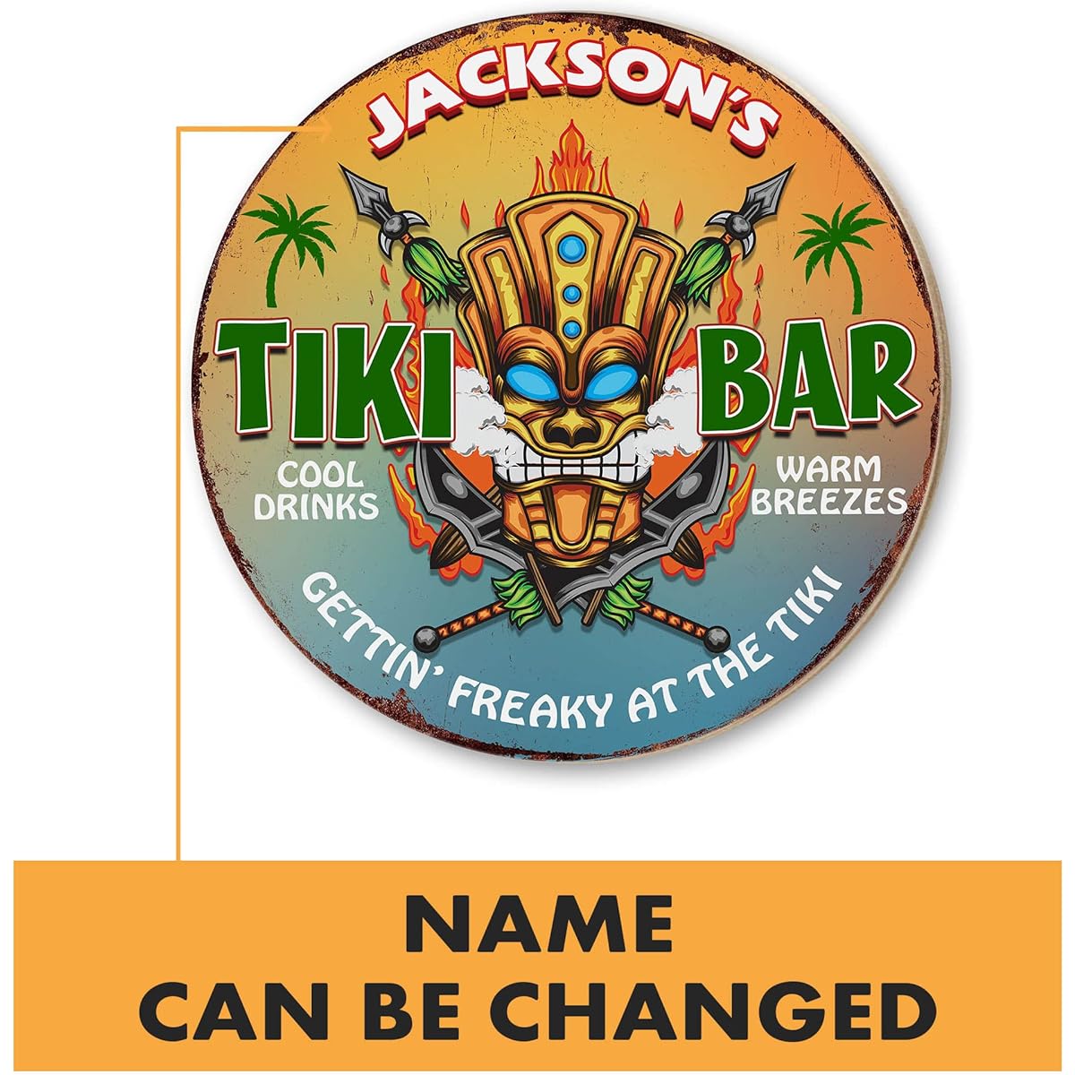 MUCHNEE Personalized Tiki Bar Sign - Getting Freaky At The Tiki Tropical Lounge Beach Decor Retro Style Round Wooden Sign for Bar Backyard Pool Patio Restaurant Dining Room with Custom Name Bar