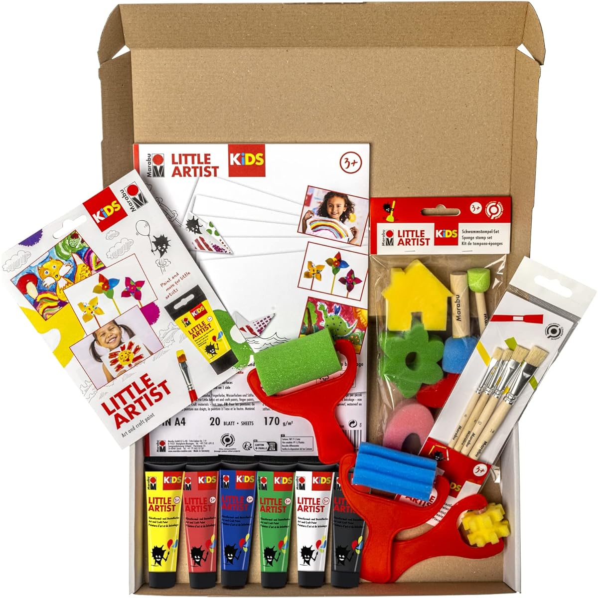 Marabu Kids Little Artist Box Children's Supplies Arts & Crafts Starter Kit 6 x 36ml Multicolor Paint 20 A4 Papers 4 Brushes Paint Roller