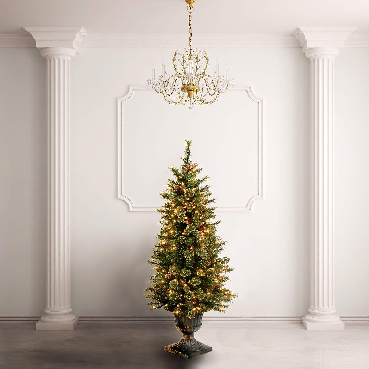 National Tree Company Lighted Artificial Christmas Tree for Entrance | Flocked Cone and Goldberry | Includes White Lights with String | Glitter Gold Pine - 4 Feet