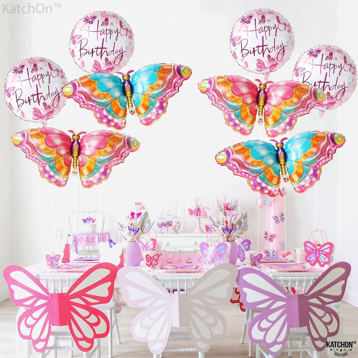 KatchOn Happy Birthday Butterfly Balloon Set - 38 Inch 8 Pack | Butterfly Balloons for Butterfly Birthday Decorations | Butterfly Party Supplies | Butterfly Foil Balloons for Birthday Party
