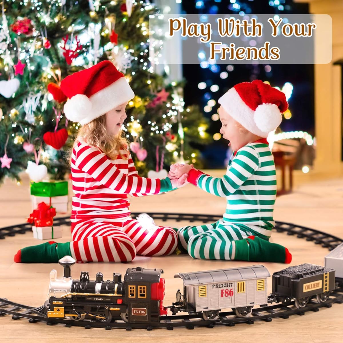 Lucky Doug Electric Christmas Train Set for Kids - Battery Operated Train Toy with Sounds, 4 Cars and 10 Tracks, Classic Toy Train Set for Ages 3, 4, 5, 6, Boys and Girls