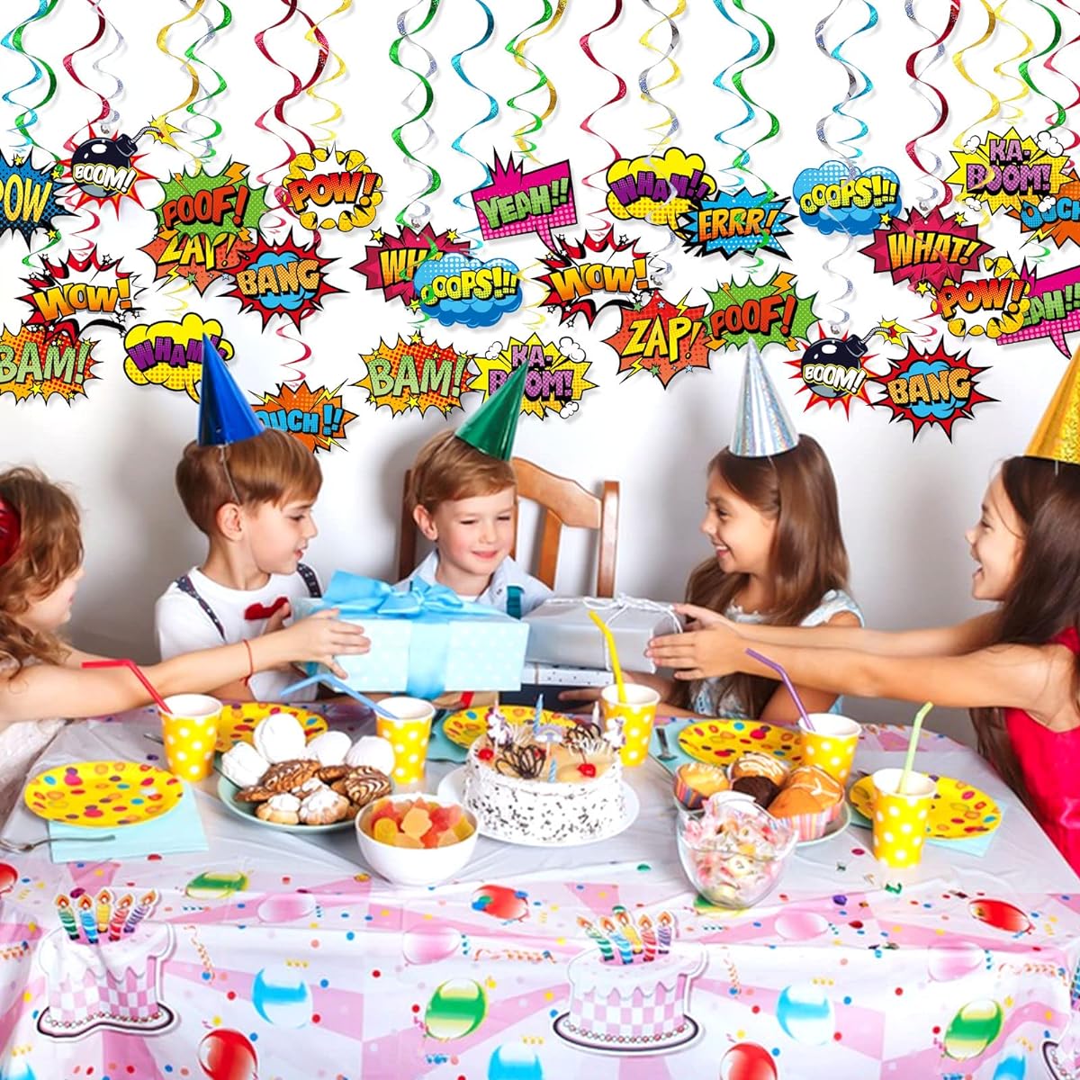 Superhero Hanging Swirls 30 Pack Hero Action Sign Foil Ceiling Hanging Swirl Stream Banner Decoration Garland for Kids Cartoon Superhero Baby Shower Celebration Event Birthday Party Supplies Room Wall Decor