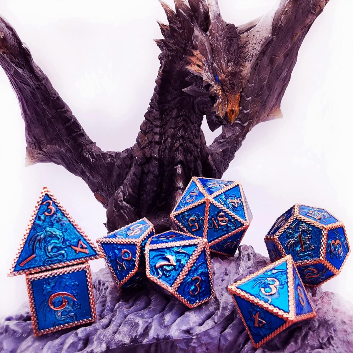 HAOMEJA Dungeons & Dragons Dice Metal Dragon Dice Set DND D&D Dice RPG Game Glitter Red Copper Blue