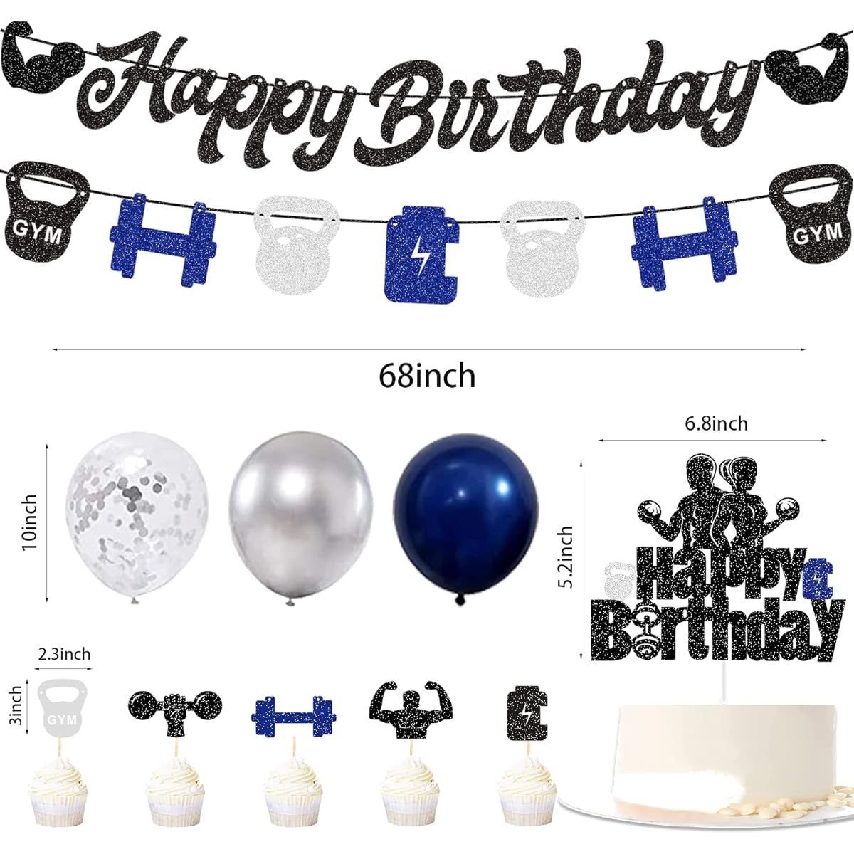 G-LOVELY'S Gym Happy Birthday Party Decorations Blue Silver Fitness Theme Birthday Decorations Cake Topper with Balloons and Banner for Men Boys Glitter Weightlifting Theme Party Cupcake Toppers Supplies