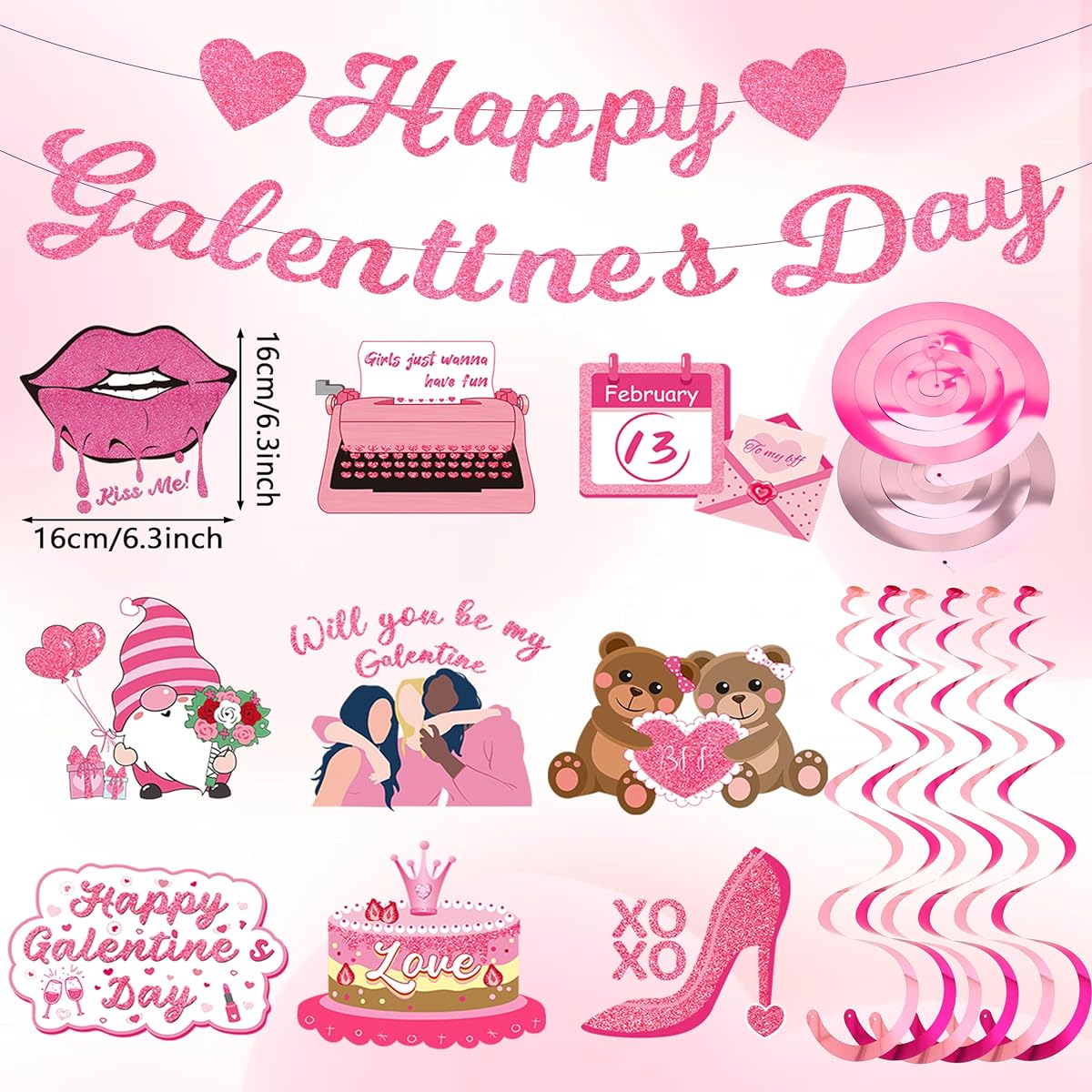 DTOFOOT Galentines Day Decorations, 20 Pieces Glitter Happy Galentine's Day Banner, Galentine's Hanging Swirls, Pink Streamers, Galentine's Day Party Decorations for Girls Women