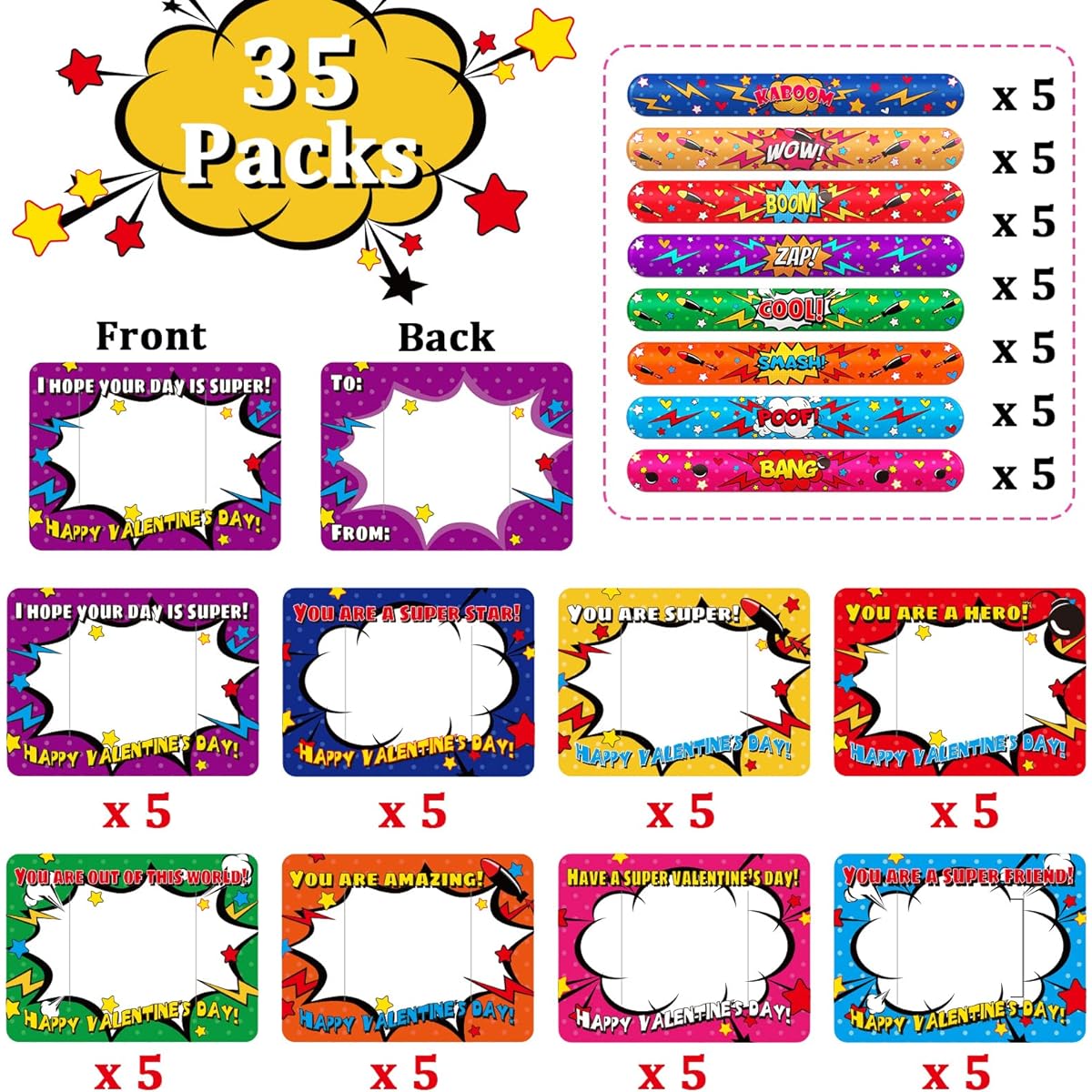 Valentine's Day 35 Pack Slap Bracelets with 35 Valentine Superhero Cards, Slap Wristbands for Valentine's Day Party Favors, Kids School Supplies, Game Prizes, Gift Exchange