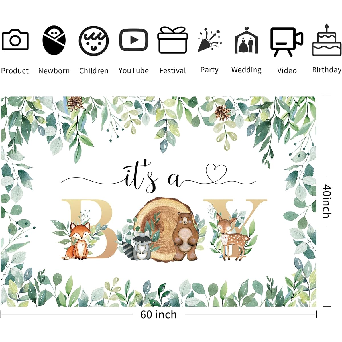 HIPVVILD Forest Baby Shower Backdrop Decorations Woodland Baby Boy Party Background Banner Woodland Creatures Animals Baby Shower Background Photo Booth Banner 5x3ft
