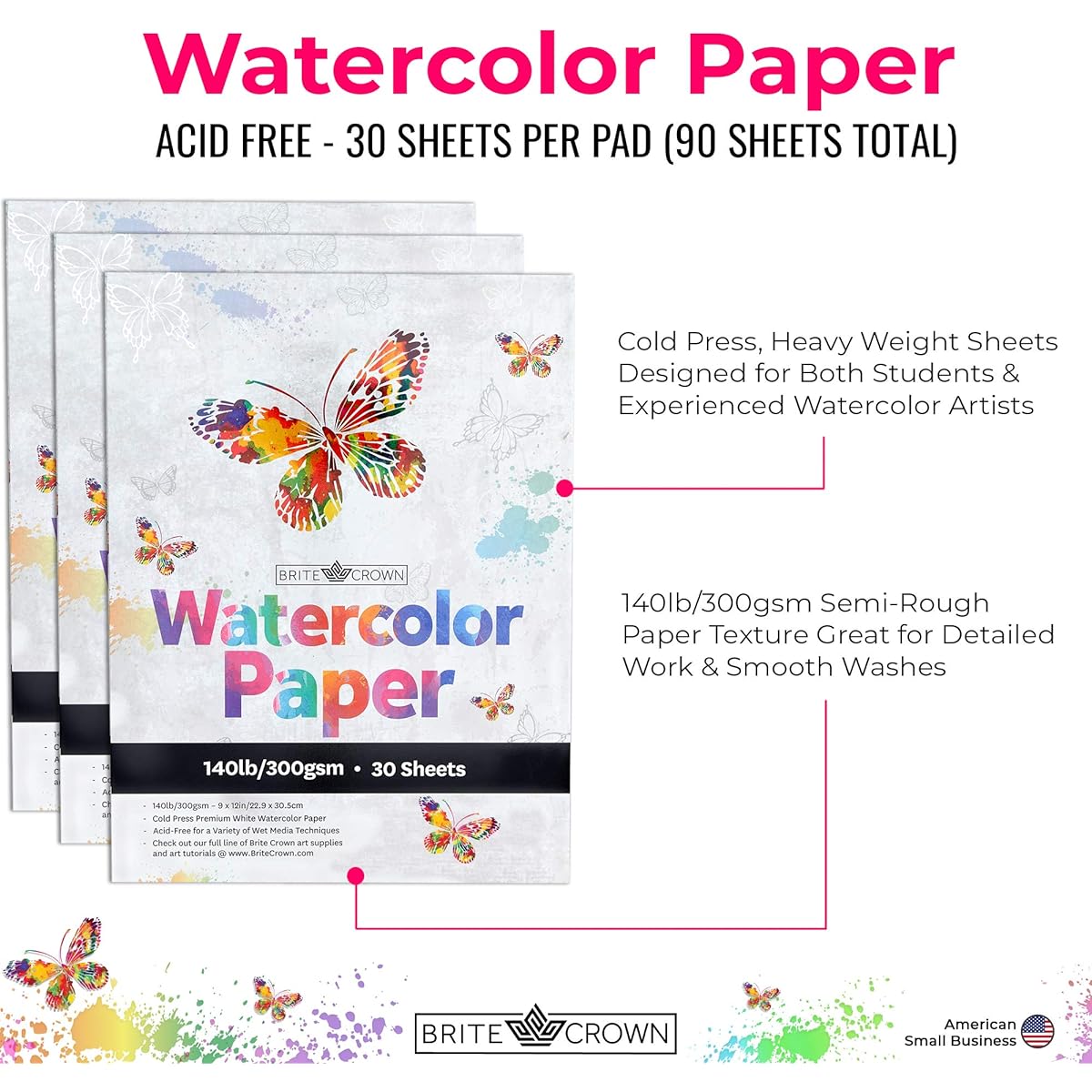 Brite Crown Watercolor Paper Pad 3 Pack 140lb/300gsm Bright White 30 Sheets (9x12) Cold Press Textured Acid Free Watercolor Paper for Kids, Teens, Adults Painters, Wet Media, Mixed Media