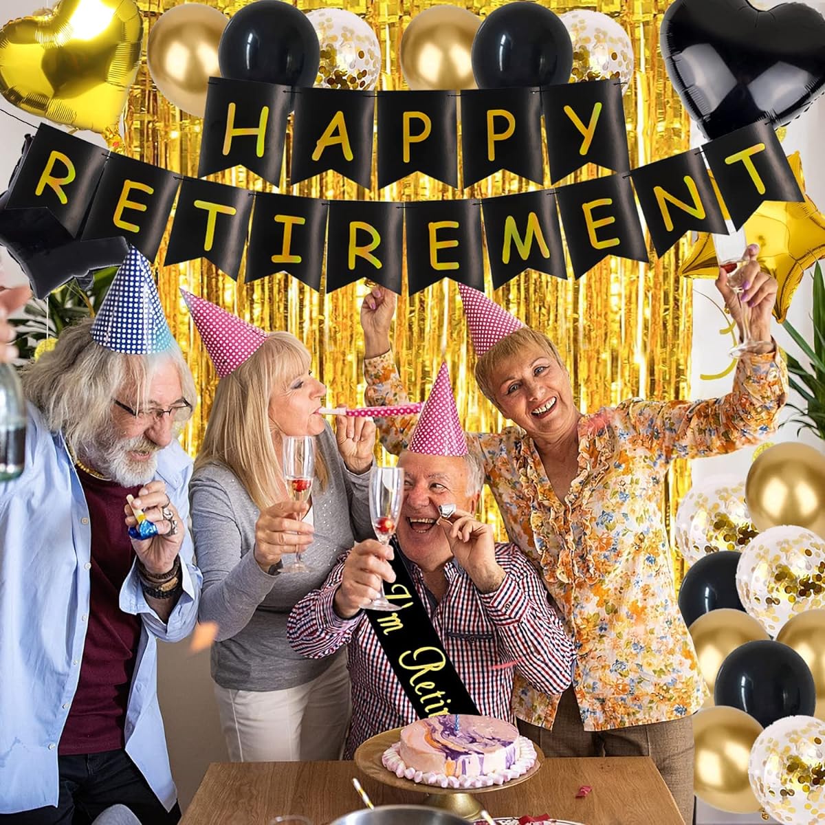 Retirement Party Decorations Black and Gold Happy Retirement Banner I'm Retired Sash with Gold Foil Fringe Curtains and 34 Balloons Retirement Party Supplies for Men and Women