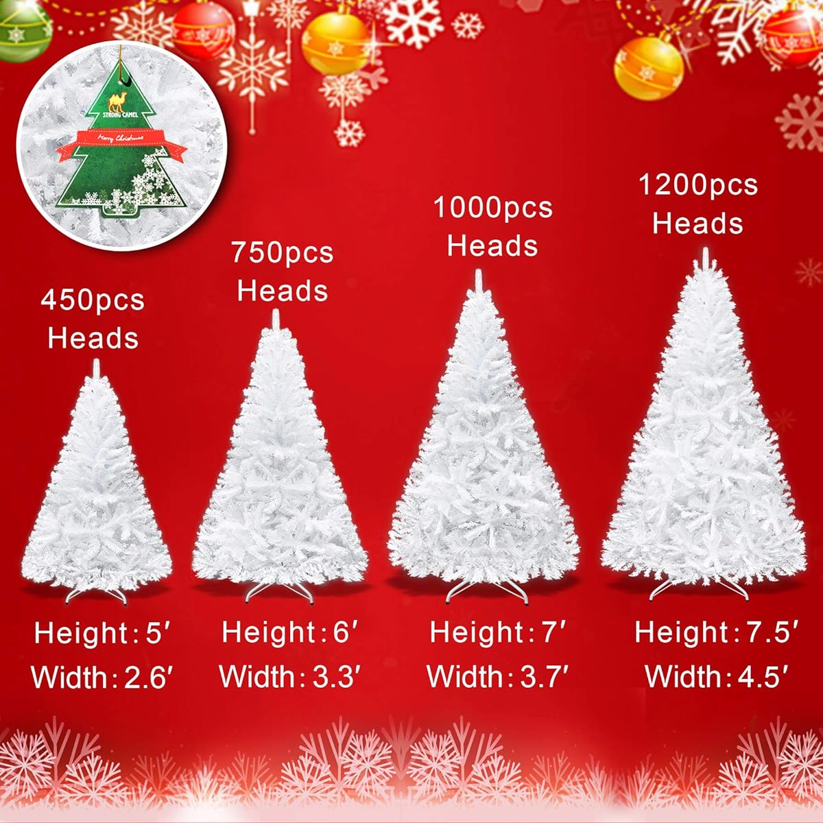 Strong Camel PVC Artificial Christmas Tree Spruce Hinged with Metal Stand Christmas Pine Tree 6FT White S180-W