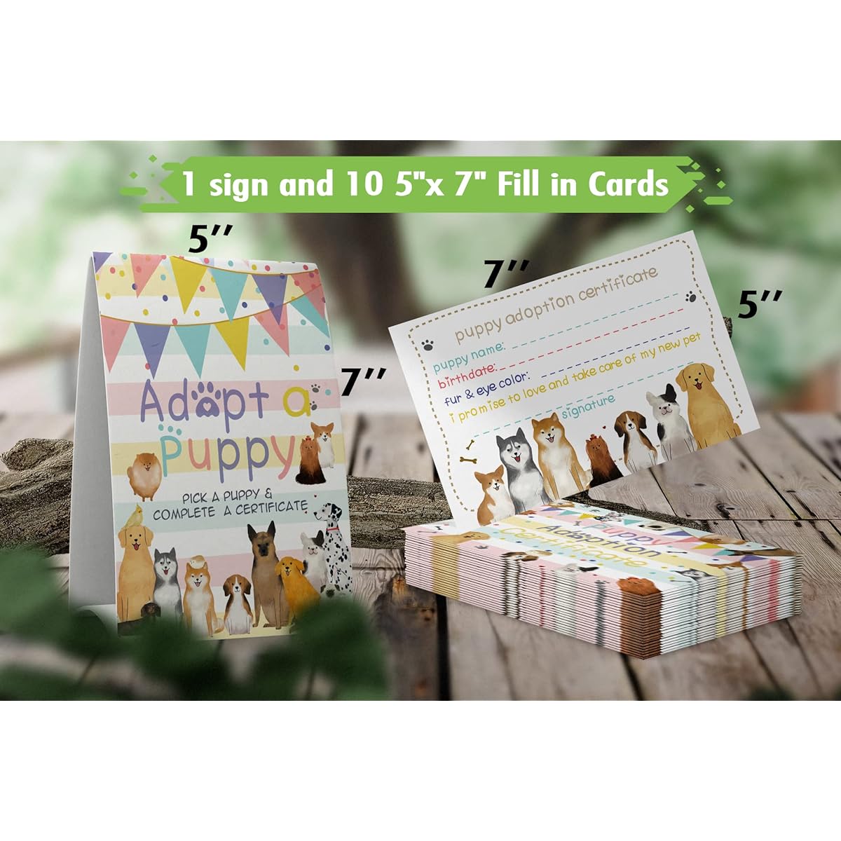 Adopt a Puppy Sign & 10 Puppy Adoption Authentication Set for Party Adoption, Kids Birthday Party, Classroom Party 004B