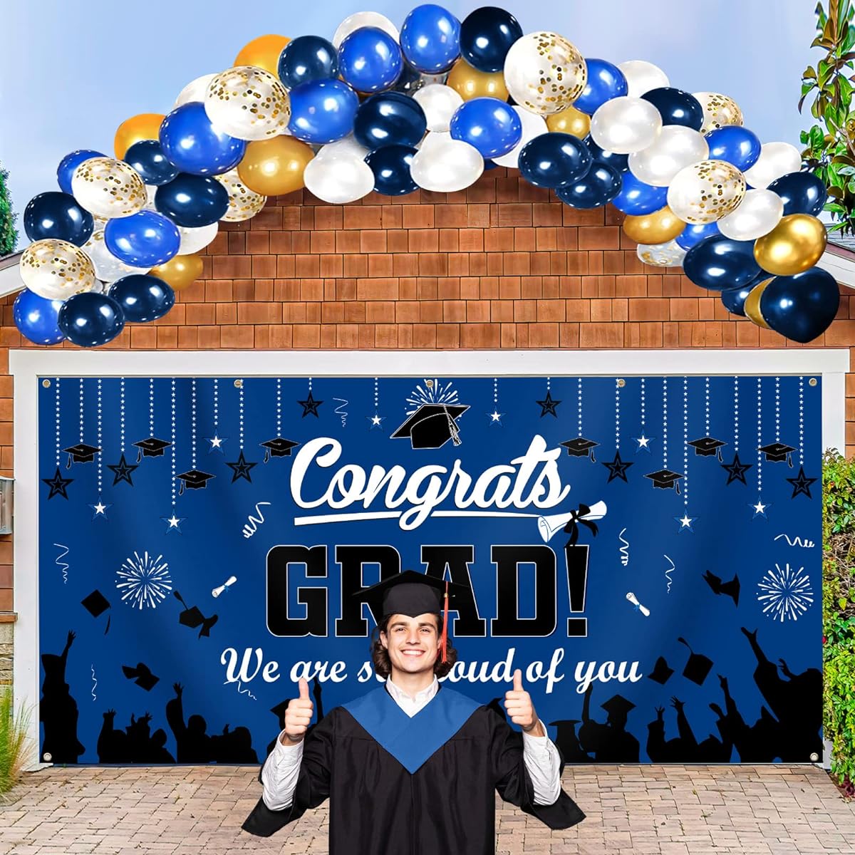 Large Graduation Celebration Banner 2023 Graduation Banner Decorations 6 x 13ft Graduation Backdrop Graduation Garage Door Cover Indoor Outdoor Background Graduation Party Decorations Supplies (Blue Black)