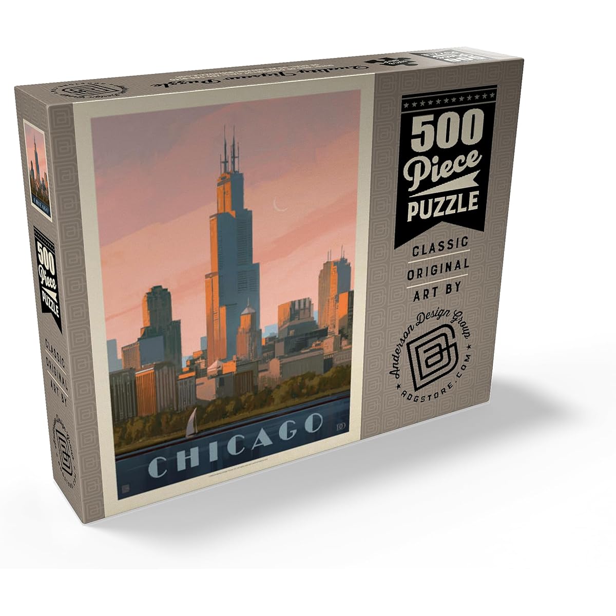 Chicago Skyline: Lake Michigan Vintage Poster - Premium 500 Piece Jigsaw Puzzle for Adults