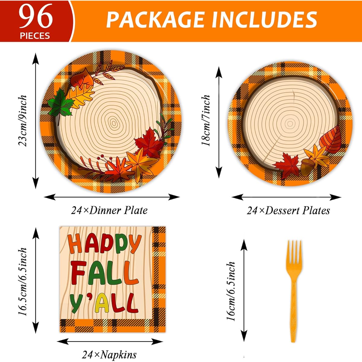 96 Pieces Fall Season Birthday Party Supplies Fall Tableware Kit Disposable Plates Napkins Set Fall Plaid Decoration Thanksgiving Favors, Serves 24