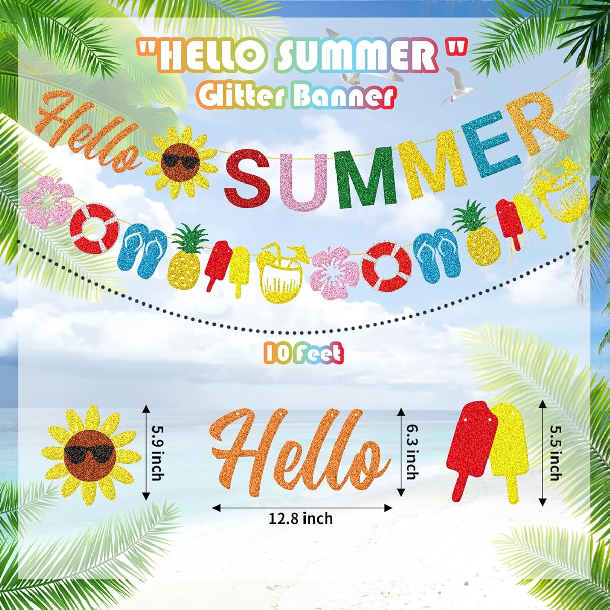 Hello Summer Banner, Sunflower Sign and Colorful Glitter Popsicle Banner, Hello Summer Ice Cream Garland Banner, Summer Birthday Party, Fireplace Mantle Decoration Supplies