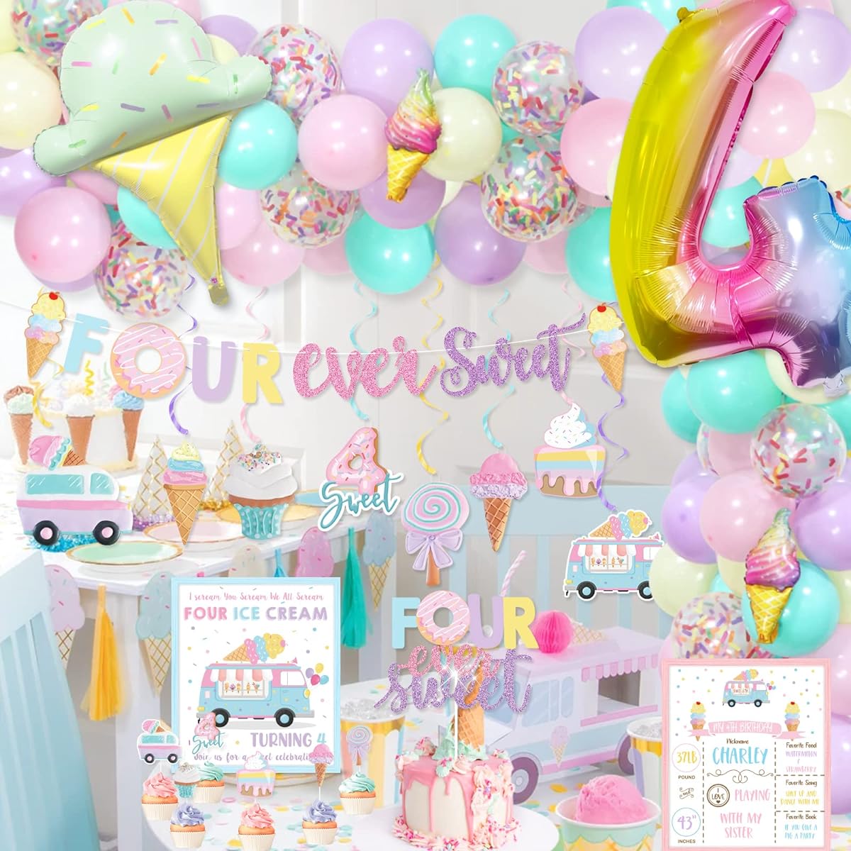 4th Birthday Party Balloon Arch Garland Decorations Set,Four Ever Sweet Banner Hanging Swirl Cake Cupcake Toppers,Number 4 Foil Balloons Summer Ice Cream Theme Girl 4th Birthday Party Supplies