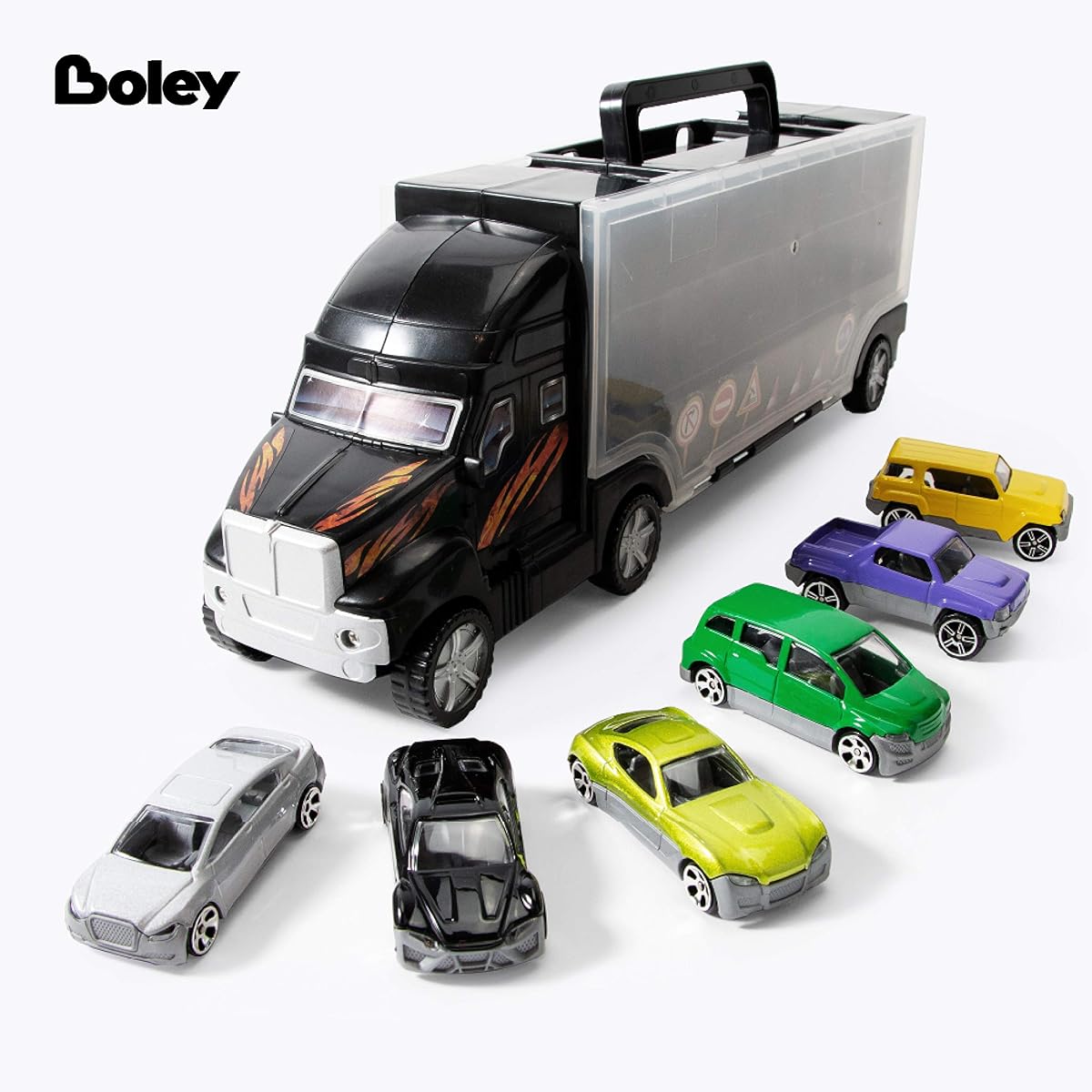 Boley Diecast Car Truck Carrier - 14 Piece Toy Trucks Vehicles Traffic Sign Playset for Kids and Toddlers Boys Girls Ages 3+