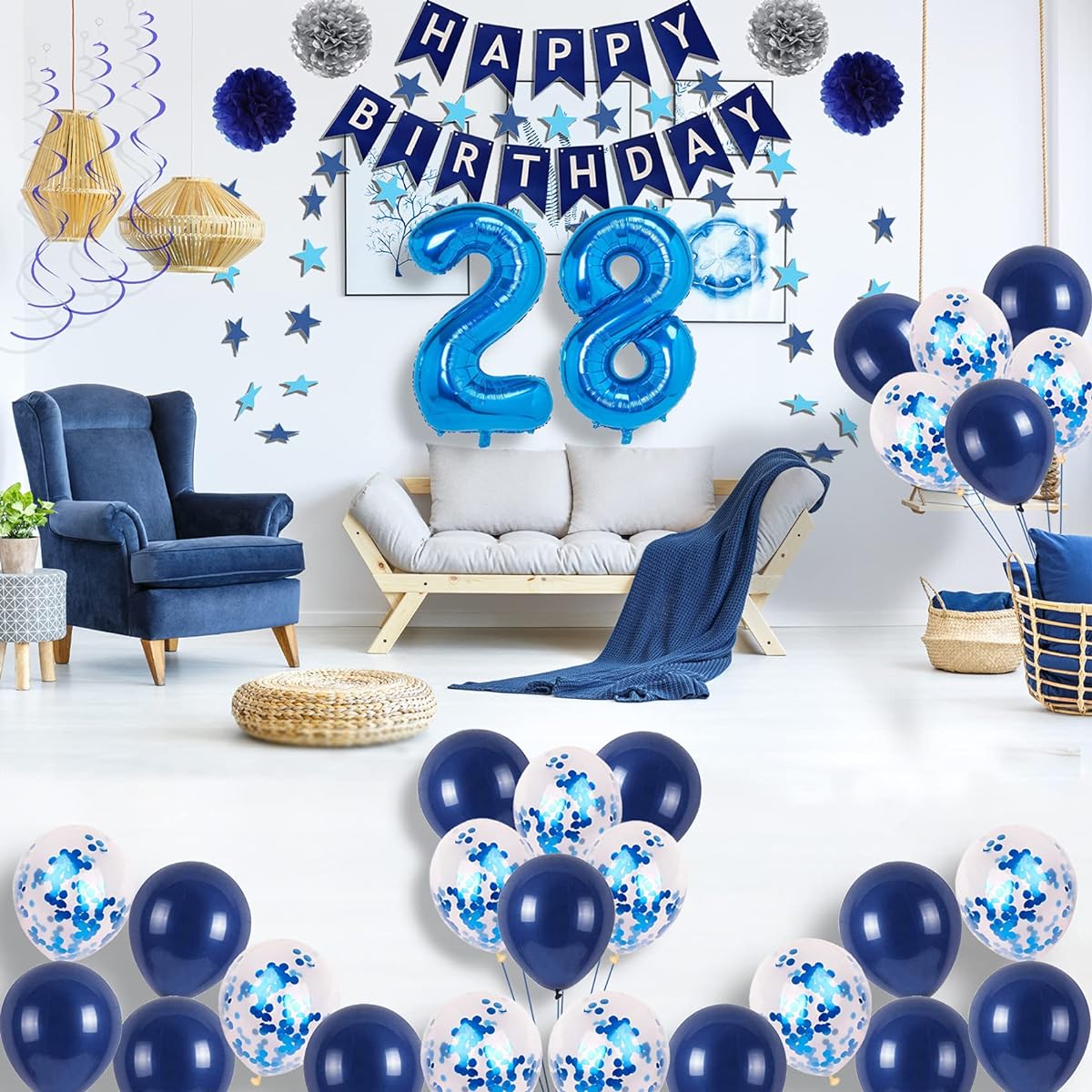 NANINUNENO 28 Year Old Blue Birthday Party Decorations for Boys Girls Men Women Happy 28 Birthday Party Supplies Happy Birthday Banner Number Balloons 28 Pieces Blue Star Streamer Hanging Swirls