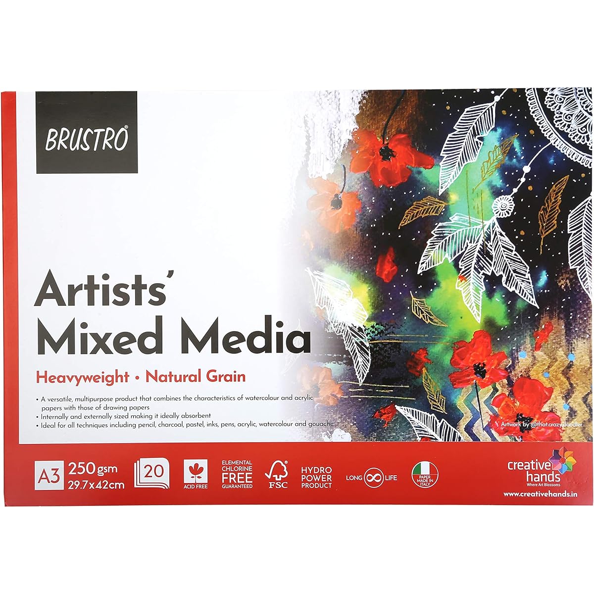 BRUSTRO Artist Mixed Media Adhesive Pad 250 gsm A3-20 Sheets White