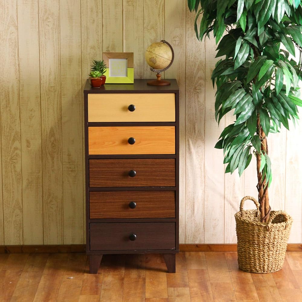 Fujiboeki 96301 Chest Living Storage 5 Tiers Width 44.5 x Depth 39 x Height 89 cm Gradient Wood Grain Slim Drawer Storage with Legs