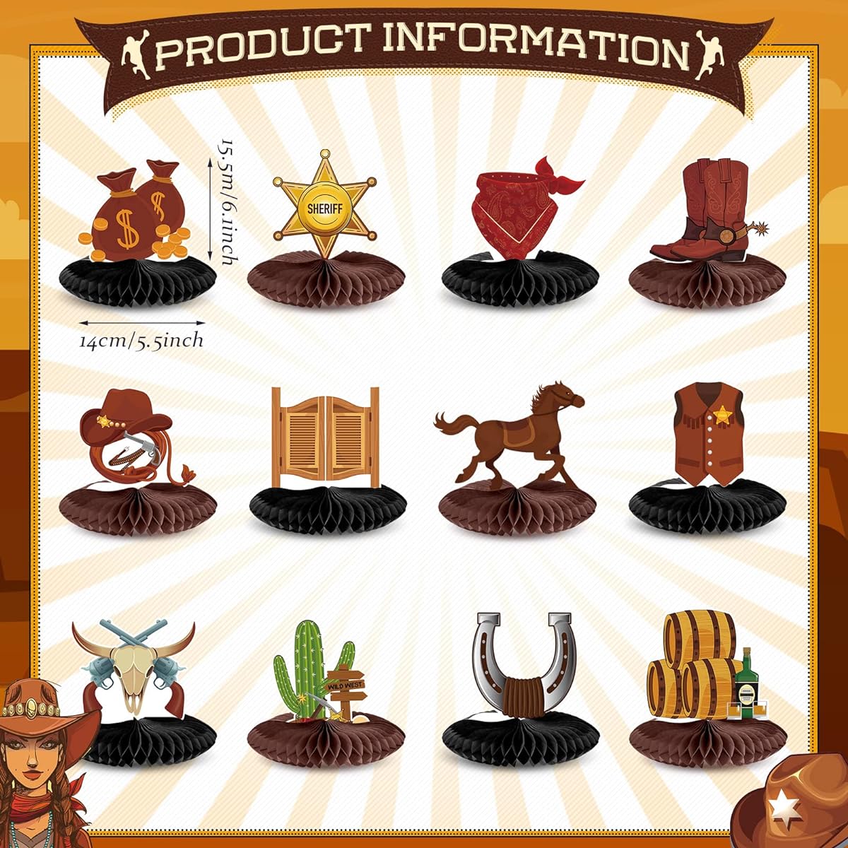 12 Pieces Cowboy Decorations Honeycomb Western Party Decorations Cowboy Birthday Decorations Western Centerpieces for Table Western Table Decor Honeycomb Centerpieces Baby Shower Kids Gifts