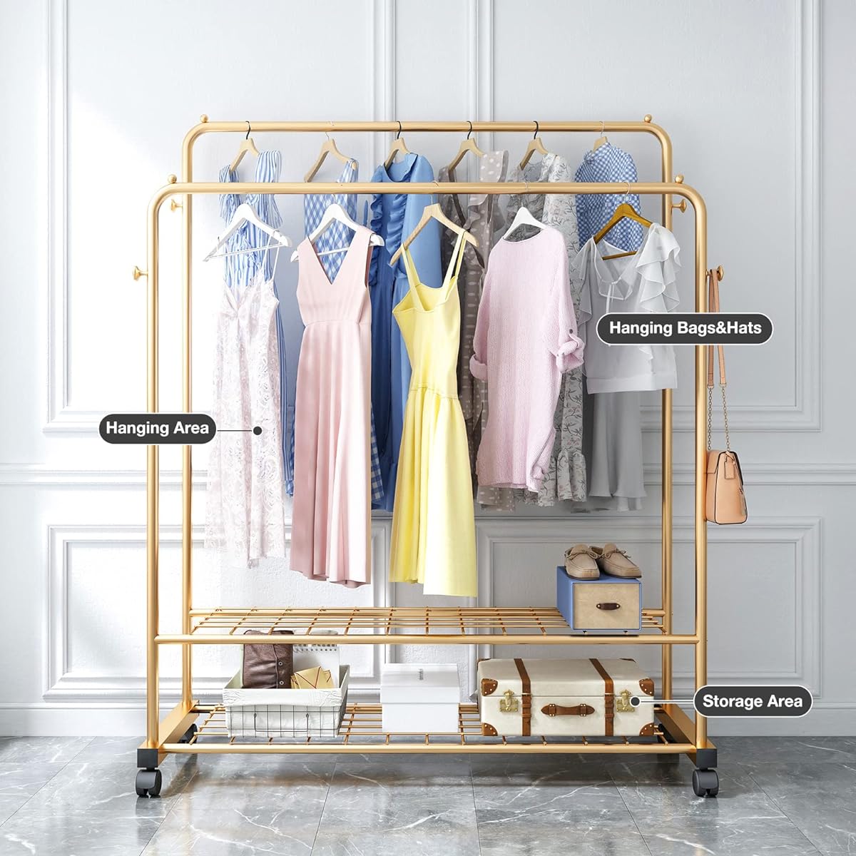 Thick Forest 2 Tier Clothes Rack with Casters Clothes Rack Rolling Rack Metal Rolling Clothes Rack with 2 Tier Shelves Clothes Storage Organizer (Gold)
