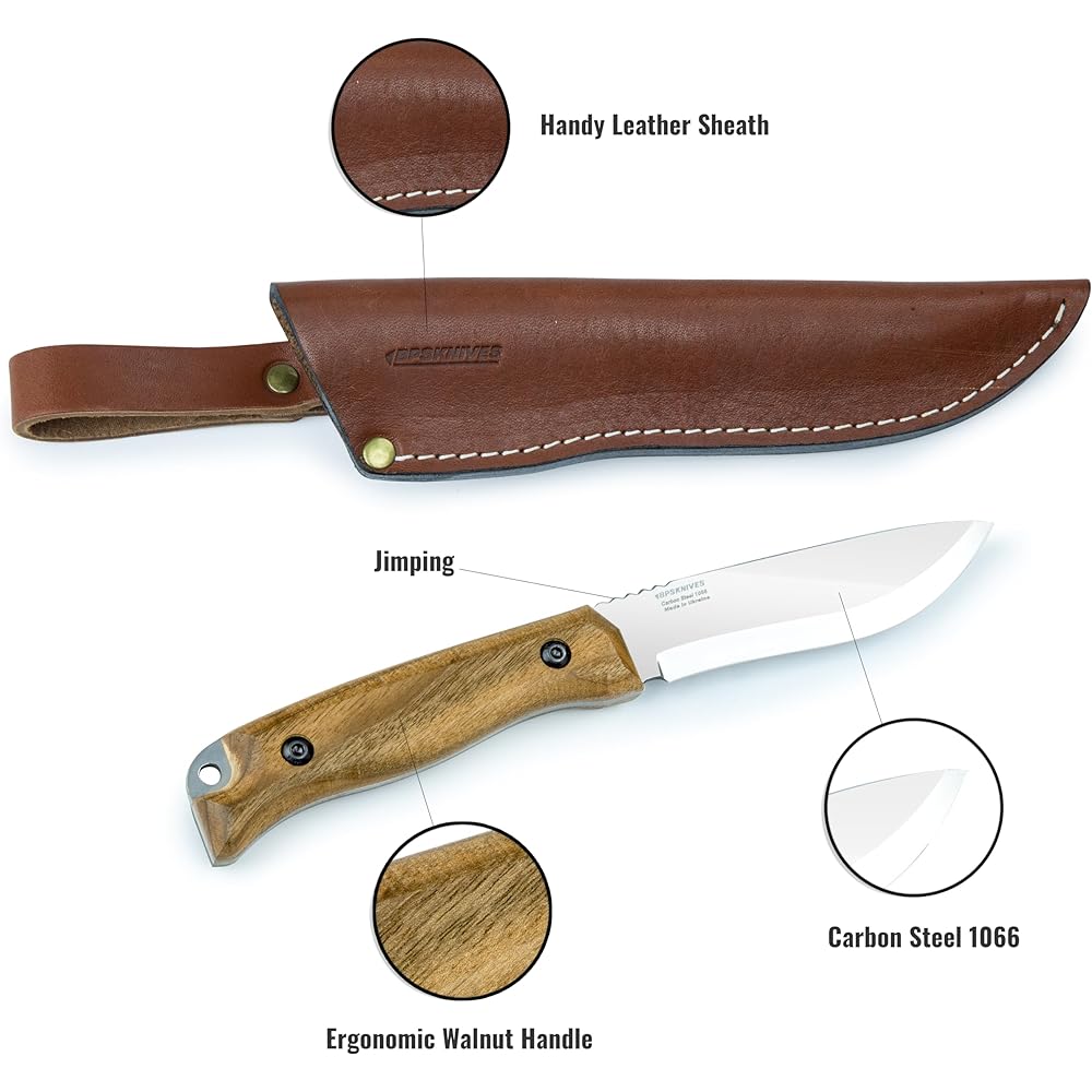 BPS Knives HK1 CSH - Handmade Carbon Steel Knife - Fixed Blade Full Tang Hunting Knife - Camp Bushcraft Knife with Leather Sheath - Scandinavian Sharpening Camp Knife