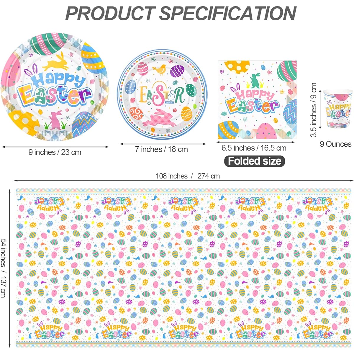 durony 97 Piece Easter Colorful Tableware Set Plastic Tablecloth Paper Plates Cups Napkins Easter Spring Holiday Party Tableware Supplies Serves 24