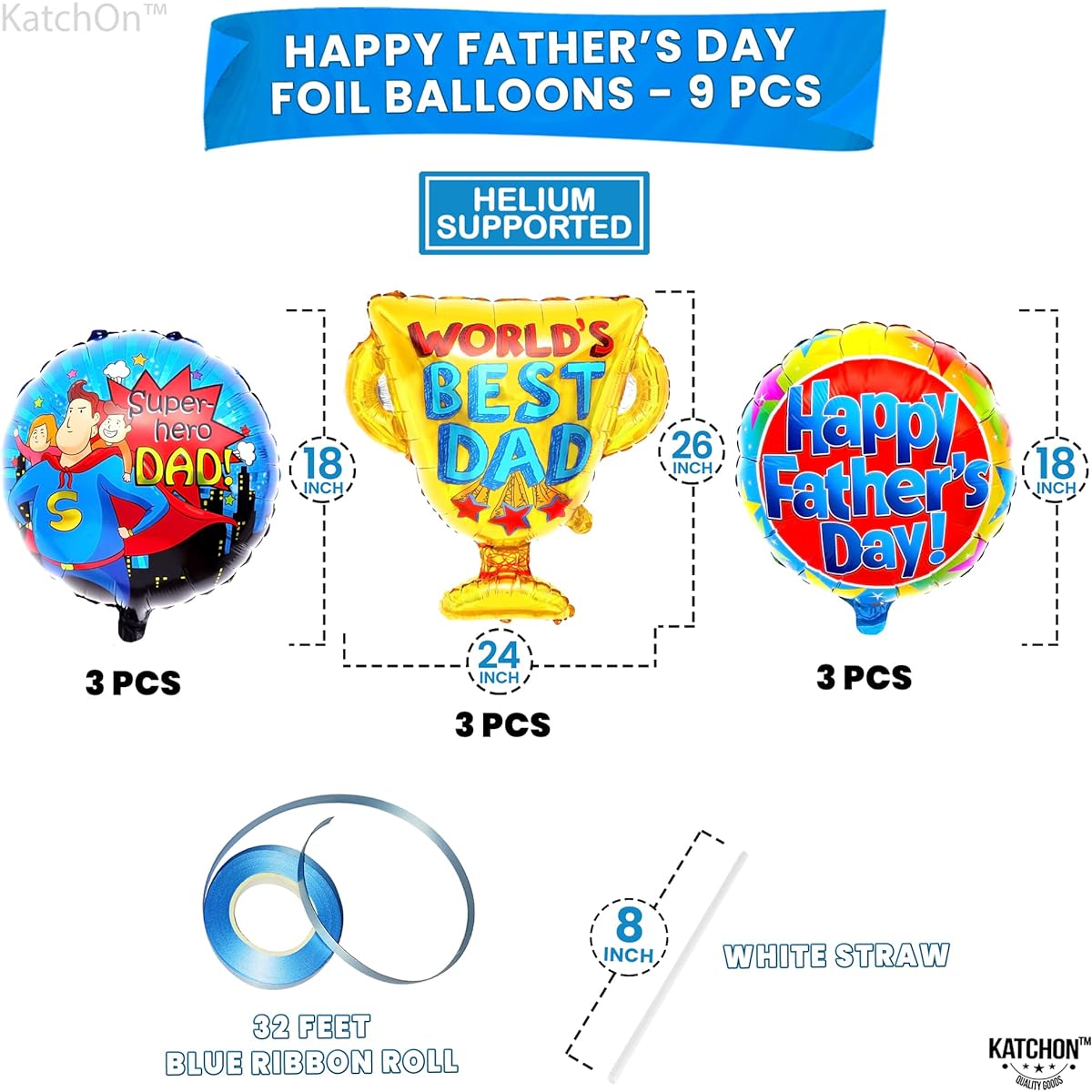 KatchOn Large Happy Father's Day Balloons - 9 Pack | Happy Father's Day Decorations Trophy Balloons | Father's Day Foil Balloons | Best Balloons for Dad's Day Father's Day Party Decorations | Superhero Dad Balloons