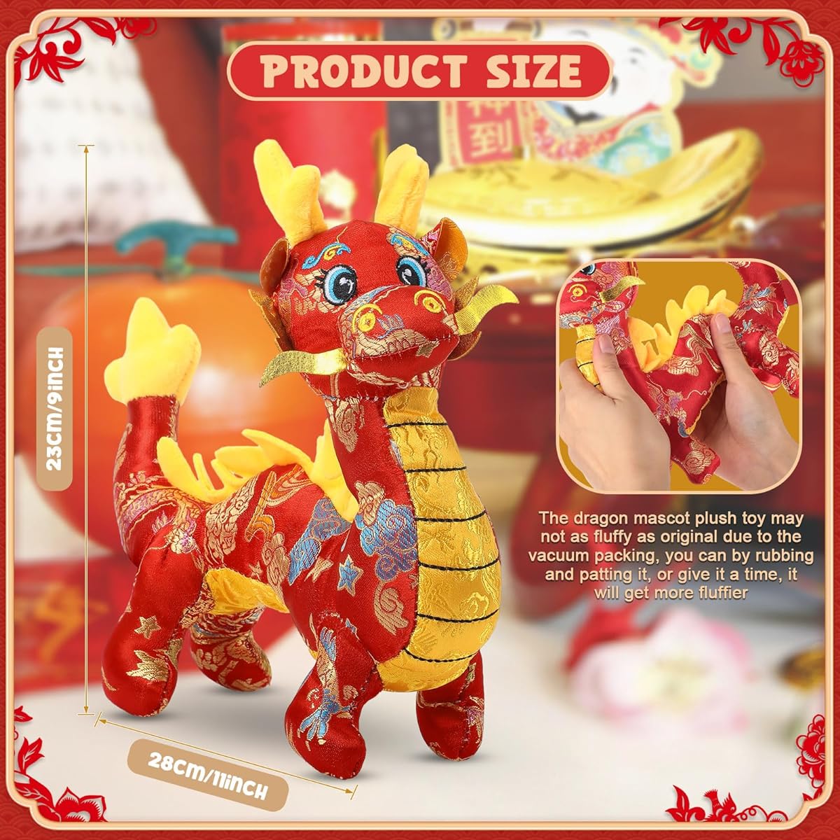 Syhood 3 Pack Chinese Dragon Plush Mascot Dragon Stuffed Toy 11 Inch 2024 Chinese New Year Zodiac Dragon Stuffed Animal Chinese New Year Gift Home Decoration Spring Festival Ornaments (Red)