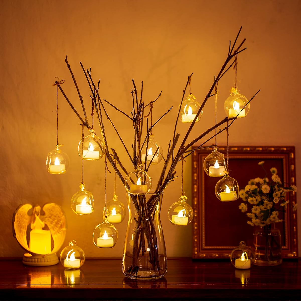 Tea Light Holder Glass Hanging - 2.4 Inch Bulk Glass Tea Light Holder Globe Bulb Ornament Fillable Ball Bulk Party Wedding Centerpiece Christmas Home Decoration 20pcs+4 Extras