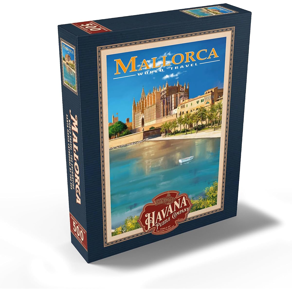 MyPuzzle Palma de Mallorca, Spain - Enchanting Cathedral of Santa Maria by the Sea Vintage Travel Poster - Premium 500 Piece Jigsaw Puzzle for Adults